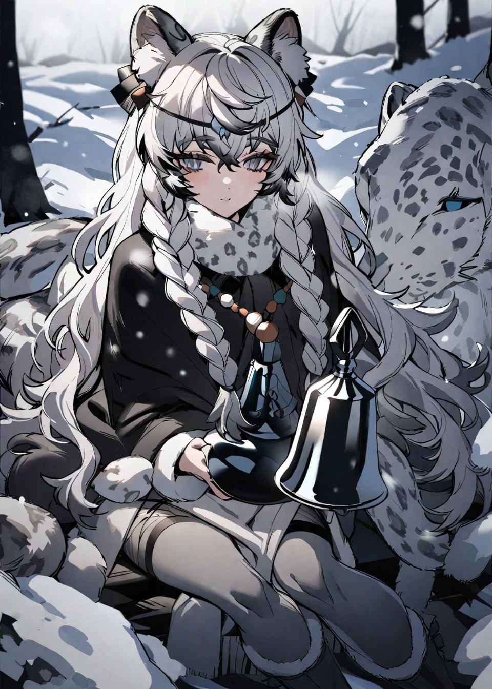 The image portrays a character with silver hair and a snow leopard tail, wearing a dark outfit adorned with animal-themed accessories. The character has a fringe covering the forehead, and their hair is styled in twin braids. They are seated in a snowy environment, with snowflakes visible in the air. A bell is also present near the character's foot.
<lora:pramanix:1>,, masterpiece, best quality,