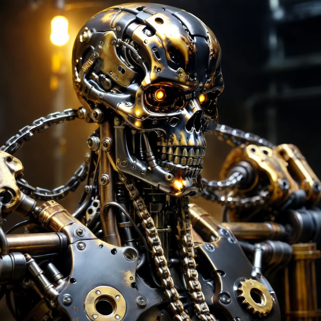 mechanarion terminator immersed in golden liquid, chains and sprockets, cinematic, professional light, darkness atmosphere<lora:mechanarion:1>