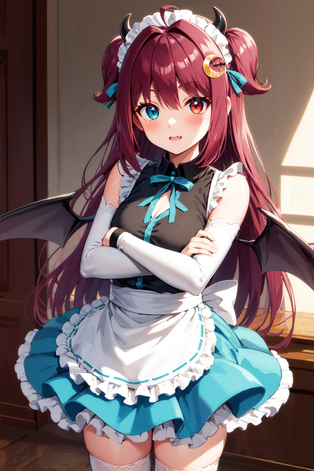 masterpiece, best quality, highres, aaroa, long hair, two side up, ahoge, maid headdress, hair ornament, horns, heterochromia, fang, wings, small breasts, maid, frills, black shirt, clothing cutout, sleeveless, detached sleeves, frilled skirt, blue skirt, apron, white thighhighs, <lora:yuzuki_roa_v1:0.7>, frown, crossed arms, standing, cowboy shot,