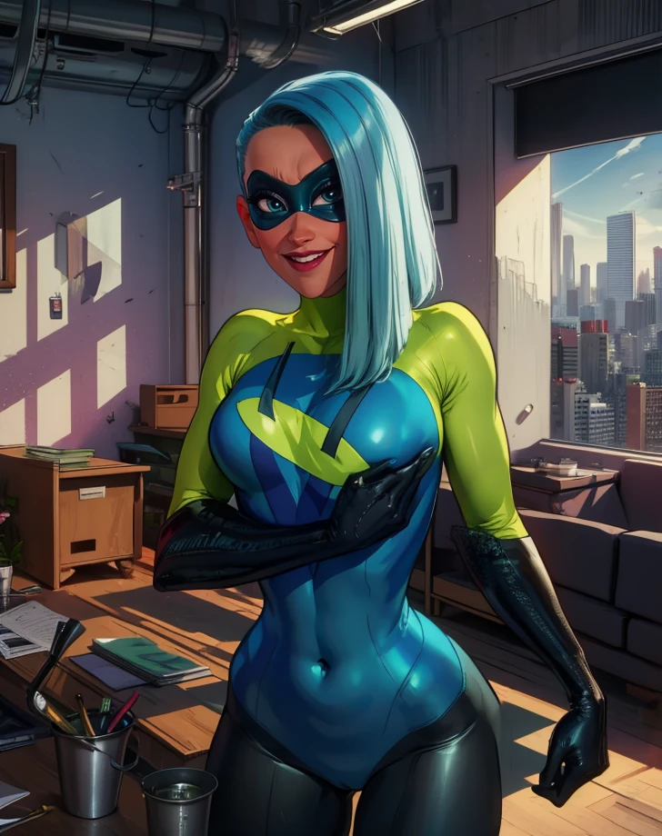 Voyd,blue hair,blue eyes,lips,nervous smile,
domino mask,bodysuit,gloves,looking at viewer,hips,
office,cityscape,indoors,
(insanely detailed, masterpiece, best quality),<lora:Voyd-12IYv14:0.8>,