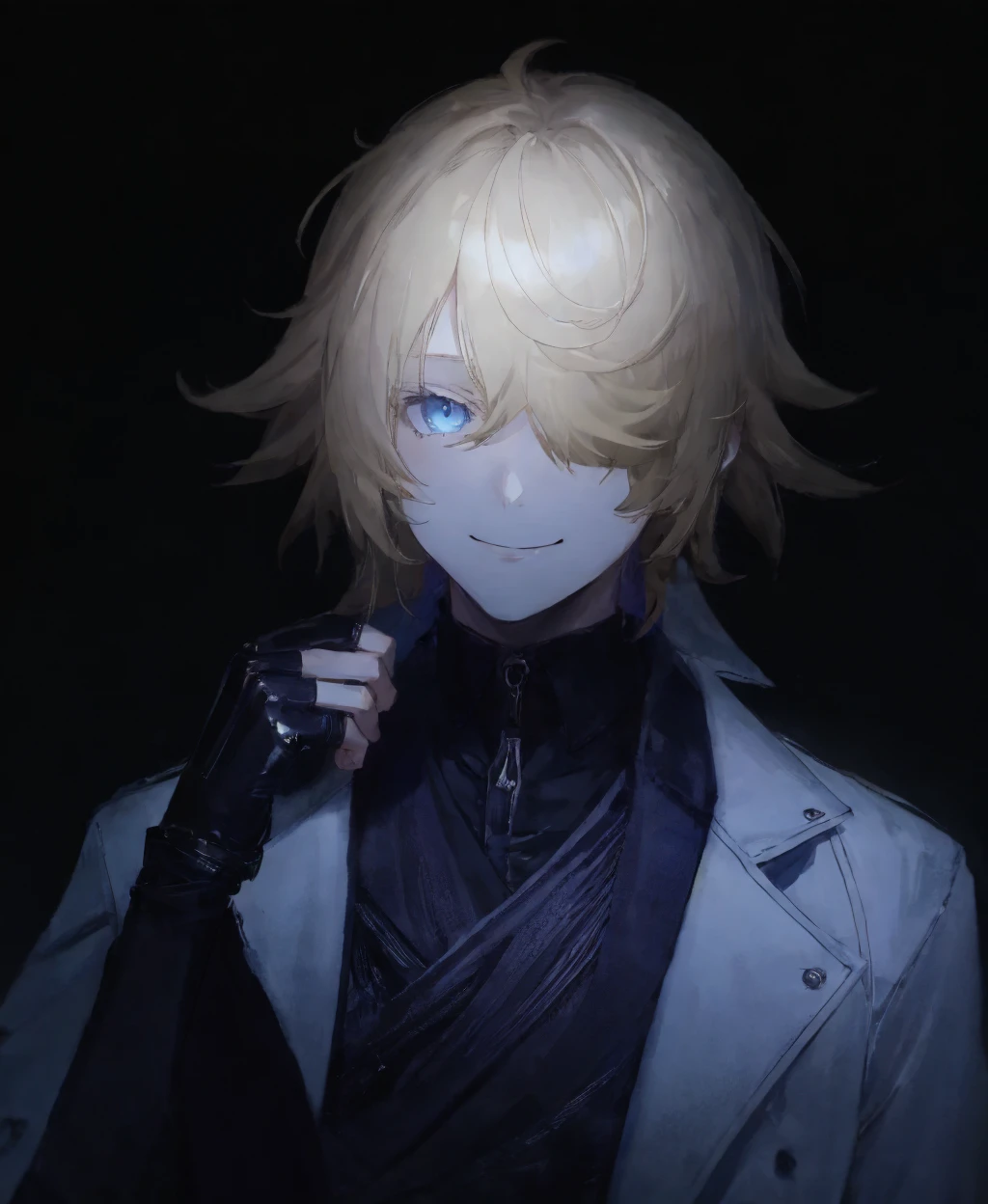 dark theme,ichimonji,solo,looking at viewer,smile,gloves,1boy,closed mouth,blue_eyes,jacket,upper body,male focus,white coat,black gloves,fingerless gloves,hair over one eye,one eye covered,<lora:ichimonji_norimune:0.8>,<lora:LowRA:0.8>,