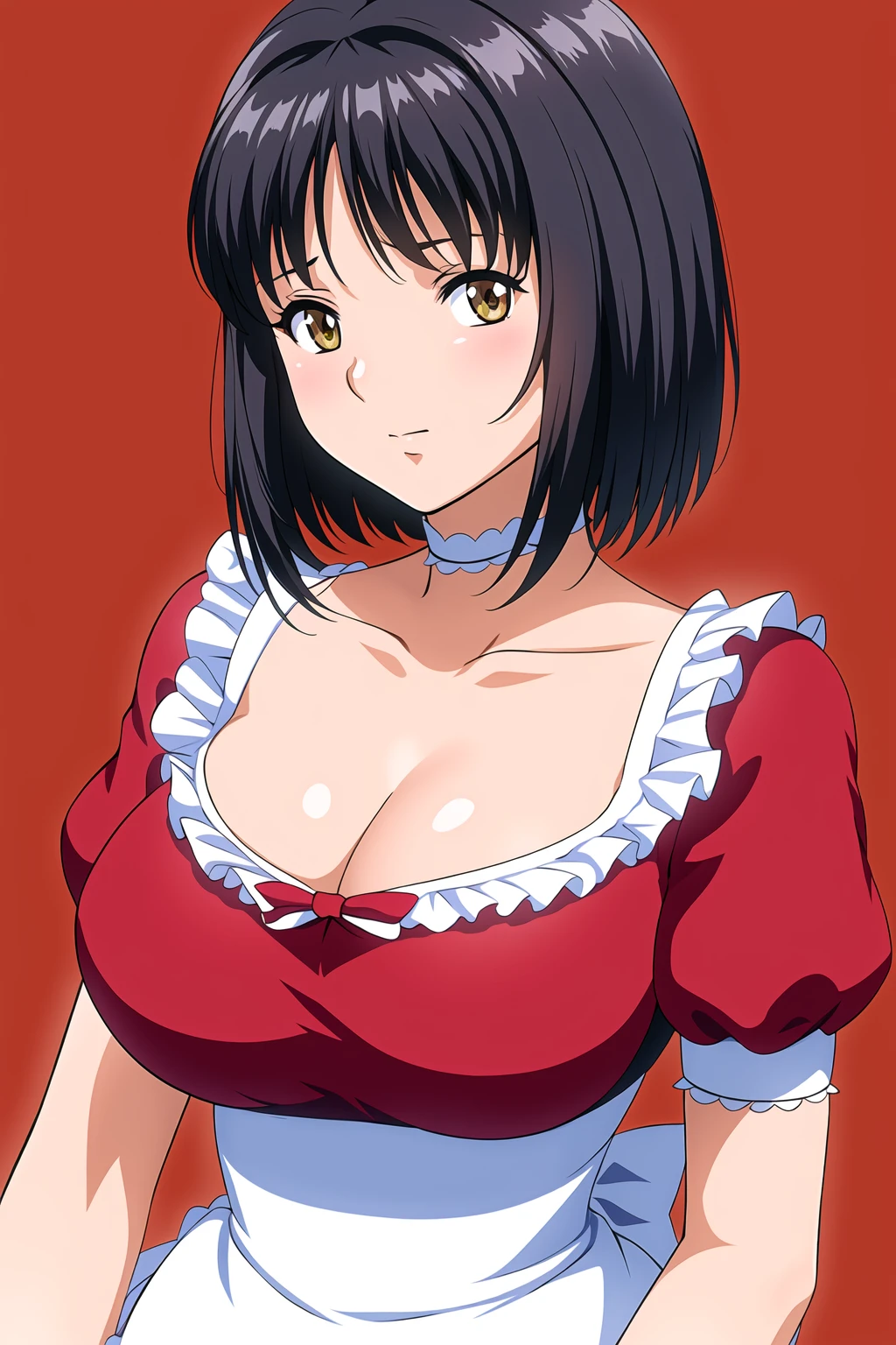 Simple red Background,
Red maid dress, frills, collarbone, cleavage, short sleeves,puffy sleeves,
<lora:Asami_Onohara_WifeHighSchoolGirl-KK77-V1:0.7>,maid,
yellow eyes, black hair,bangs,short hair,
<lora:Oda_Non_Style-KK77-V2:0.3>,<lora:more_details:0.1>,
1 girl, 20yo,Young female,Beautiful long legs,Beautiful body,
Beautiful Nose,Beautiful character design, perfect eyes, perfect face,expressive eyes,perfect balance,
looking at viewer,(Focus on her face),closed mouth, (innocent_big_eyes:1.0),(Light_Smile:0.3),
official art,extremely detailed CG unity 8k wallpaper, perfect lighting,Colorful, Bright_Front_face_Lighting,White skin,
(masterpiece:1.0),(best_quality:1.0), ultra high res,4K,ultra-detailed,
photography, 8K, HDR, highres, absurdres:1.2, Kodak portra 400, film grain, blurry background, bokeh:1.2, lens flare, (vibrant_color:1.2),professional photograph,
(Beautiful,large_Breasts:1.4), (beautiful_face:1.5),(narrow_waist),