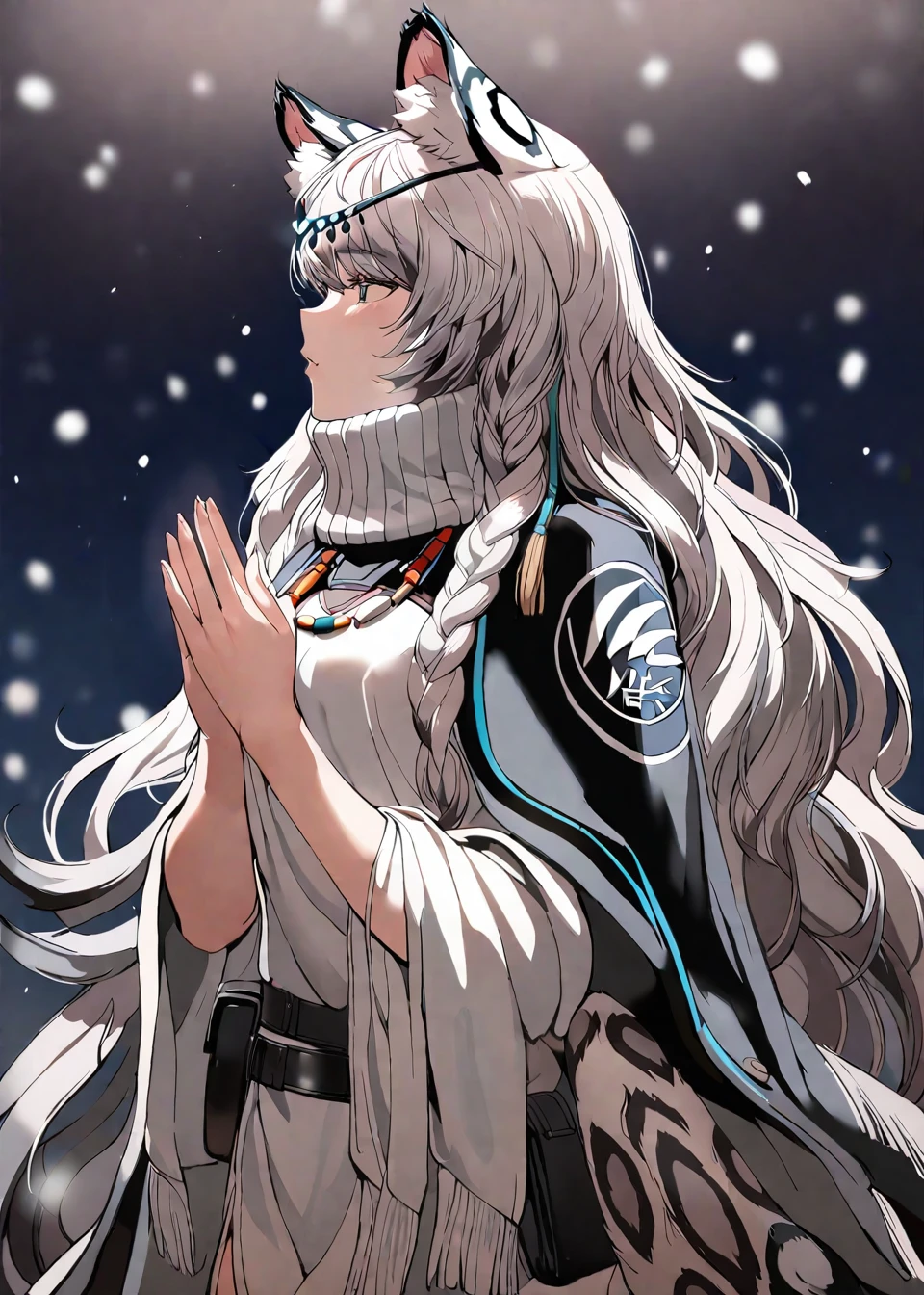 The image portrays a character with long silver hair, wearing a black and white outfit adorned with intricate designs. They have cat-like ears, a tail, and are depicted in a prayerful pose with their hands clasped together. The character is surrounded by a blurry, snowy background with snowflakes floating around.,
<lora:pramanix:1>,, masterpiece, best quality,