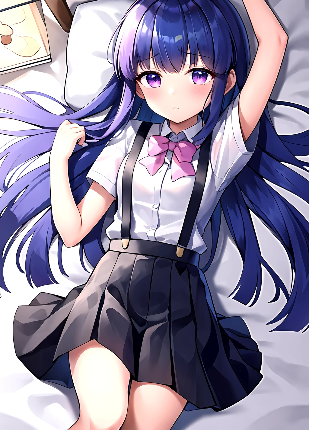 masterpiece, best quality, <lora:Rika Furude anylora-000006:0.7>, 1girl, solo, furude rika, blue hair, long hair, looking at viewer, blush, bangs, small breasts, purple eyes, long hair,, skirt, white shirt, shirt, suspenders, bow, short sleeves, pink bow, pleated skirt, suspender skirt, black skirt, collared shirt, bowtie, arms behind back, dress shirt, pink bowtie, lying in bed,