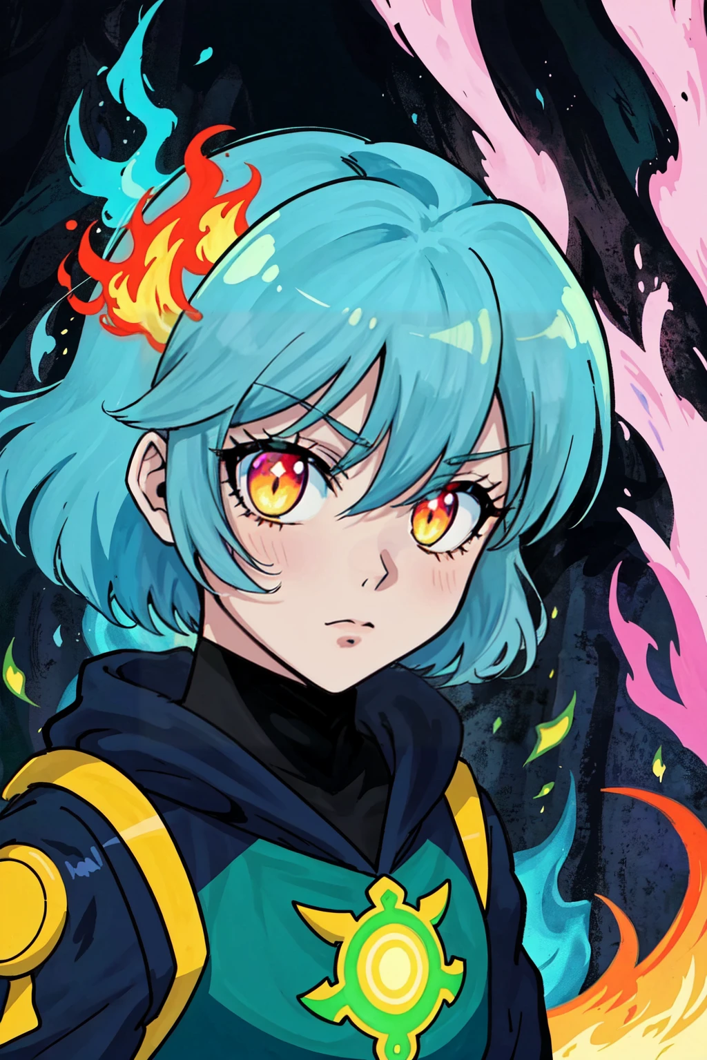 cyberpunk style, post apocalyptic, futuristic, glowing eyes, magic, green fire CelShade