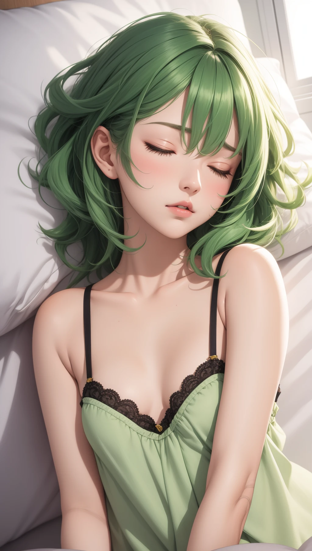 (Best Quality,High resolution,8k,finelity detailed background,Masterpiece:1.2),beautiful girl,Shiny green hair,messy hair,Green Eyes,Gentle look,A refreshing look,Best quality,Best Quality,Aesthetic and aesthetic:1.2,Best details((Super detailed))(High-definition CG illustrations),White underwear (white,intricate lace),Slender body,Late Night,Moonlit Night,Bedroom,On the bed,smile,blush,cute,Scrounge,Looking up,Being spoiled,super model,on back,shoot from above