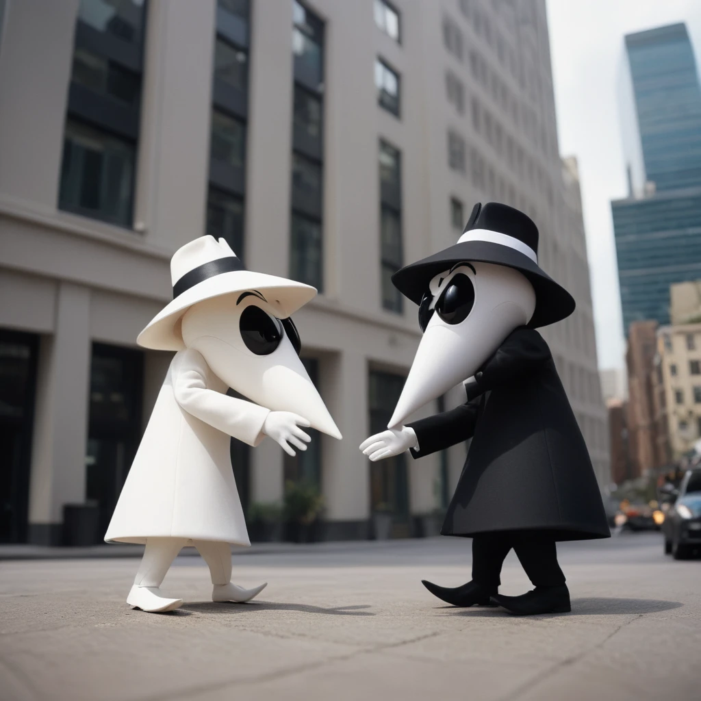cinematic film still of <lora:spy vs spy style v2:1>
a cartoon building bending over kicking out a spy agent in black costume outdoors in big city, stereotypical, comical espionage activities, dressed in white, dressed in black, identical, beaklike heads, long beaklike heads, white pupils and black sclera, booby traps, parody, spy vs spy style, Mad magazine style, shallow depth of field, vignette, highly detailed, high budget, bokeh, cinemascope, moody, epic, gorgeous, film grain, grainy