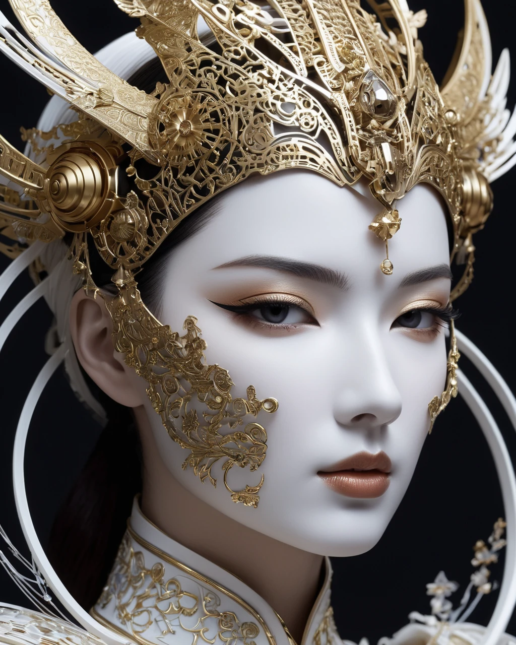 a close up of a sculpture of a woman, a surrealist sculpture, inspired by Joong Keun Lee, intricate white armor, fractal automaton, perfect android girl, paper cut art, many wires attached to her, sculpture of persephone, akihiko yoshida, petros afshar speedart, best of behance, egyptian samurai, portrait of hollow knight, he wears dark visors, heavy white and golden armor, divine render