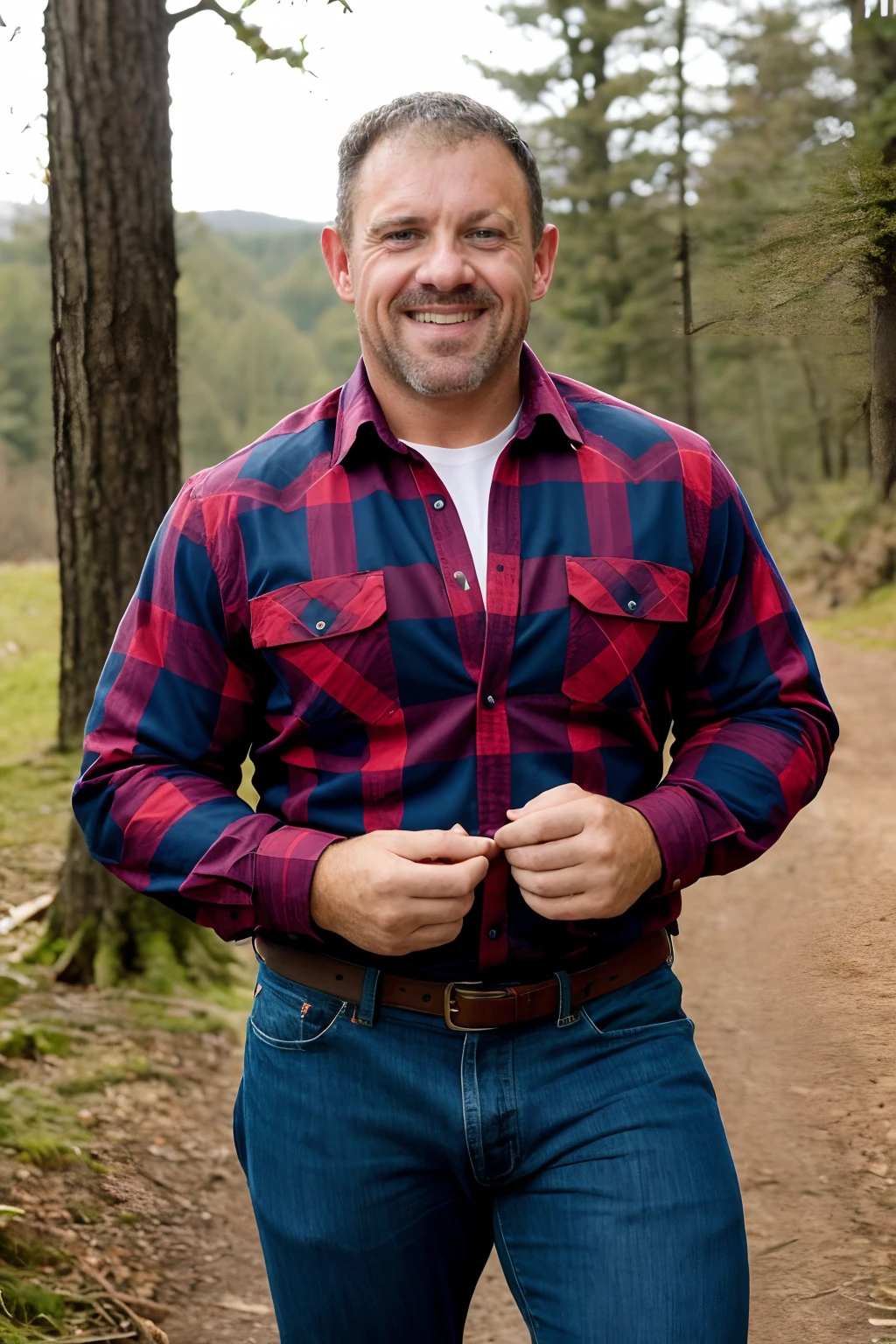 AndrewJenkins as a lumberjack, wearing plaid flannel, in the woods <lora:AndrewJenkinsLora:1>