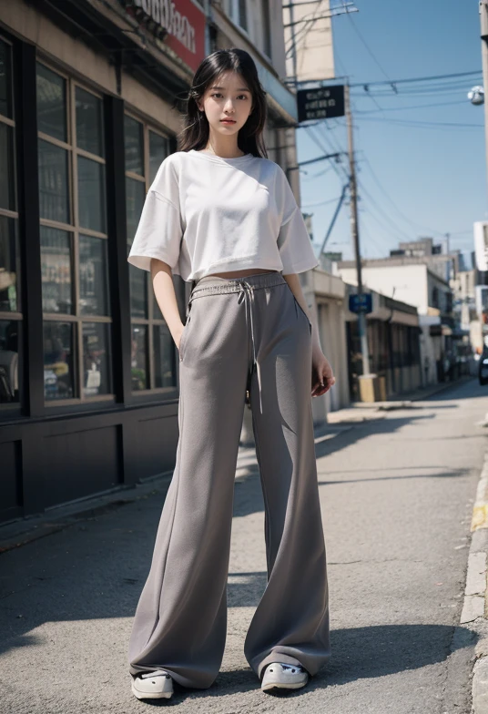 highest quality, Very detailed, masterpiece, 1 person,woman,(((完璧なwomanの体))),Very beautiful face, Very beautiful body,Gentle expression, Very beautiful eyes,(Perfect Makeup:1.1),Fashion Model,Korean Fashion,short hair,Shaggy Hair,Light blue hair:1.3, Very thin body,Smart Abs,Monotone big size short sleeve shirt,Ankle Pants,necklace,anklet,Two-tone high-top sneakers,A kind smile,Full body portrait,(Street background:1.3), (Shiny skin),(Earrings),