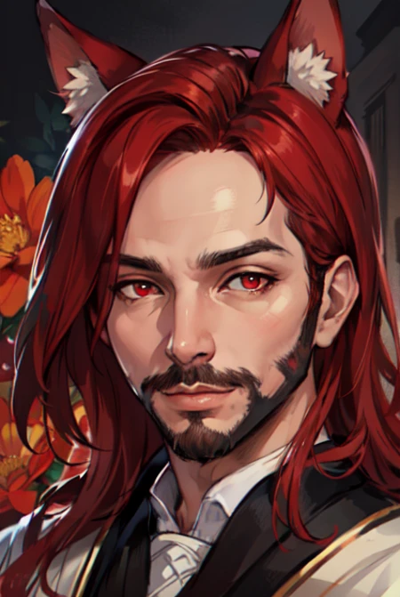 (masterpiece, best quality, ultra-detailed, highres, best illustration),perfect face, ((solo, solo focus)),sidelighting, lustrous skin,(bloom), (shine), ray tracing,solo,solo,animal ears, 1boy, solo, male focus, facial hair,red eyes , looking at viewer, beard, red hair, mustache, wings, lips,cat ears,depth_of_field,very detailed background,extreme light and shadow,(detailed eyes), (beautiful) beautiful detailed eyes, perfect lighting , perfect anatomy,(extremely detailed illustrated 8k wallpaper),(masterpiece), (best quality), (ultra-detailed), (best illustration),(best shadow) , vivid colors,