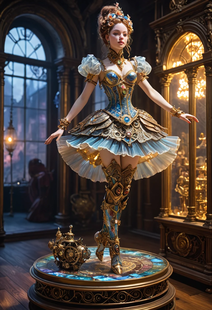dreamscape An exquisite and breathtaking painting captures a delicate figurine, a porcelain ballerina, beautiful woman. The full-body standing figure appears to be suspended on a glowing pedestal, her light sparkling eyes seemingly alive with energy. Her intricate armor is composed of scaly gelatinous mosaic parts and delicate mechanical components that shine like LED lights in the dark. An old steampunk toy shop in the background, its dusty texture adding a sense of nostalgia and age to the scene. it showcases the beauty and complexity of steampunk aesthetics like never before. vibrant colors, style of Piotr Foksowicz and Andrew Ferez, embedding:SimplePositiveXLv2.safetensors, . surreal, ethereal, dreamy, mysterious, fantasy, highly detailed,