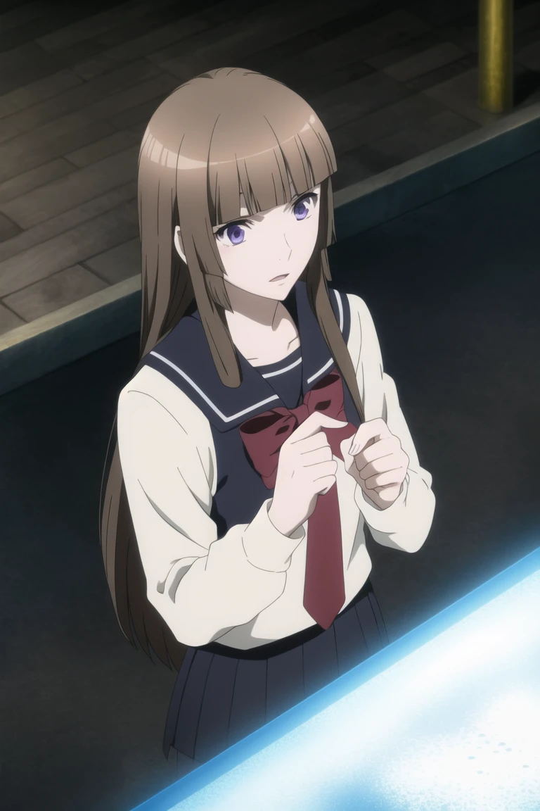 masterpiece, best quality, absurdres, Fuwa Aika <lora:Fuwa_Aika:0.8>, (brown hair, purple eyes), hime cut,  bow, striped necktie, school uniform, pleated skirt, BREAK nice hands, perfect hands, beaufitul hand, beautiful finger, outdoors, 
BREAK (perfect anatomy), (realistic lighting:0.6), [Cinematic lighting|Volumetric Lighting], from above,