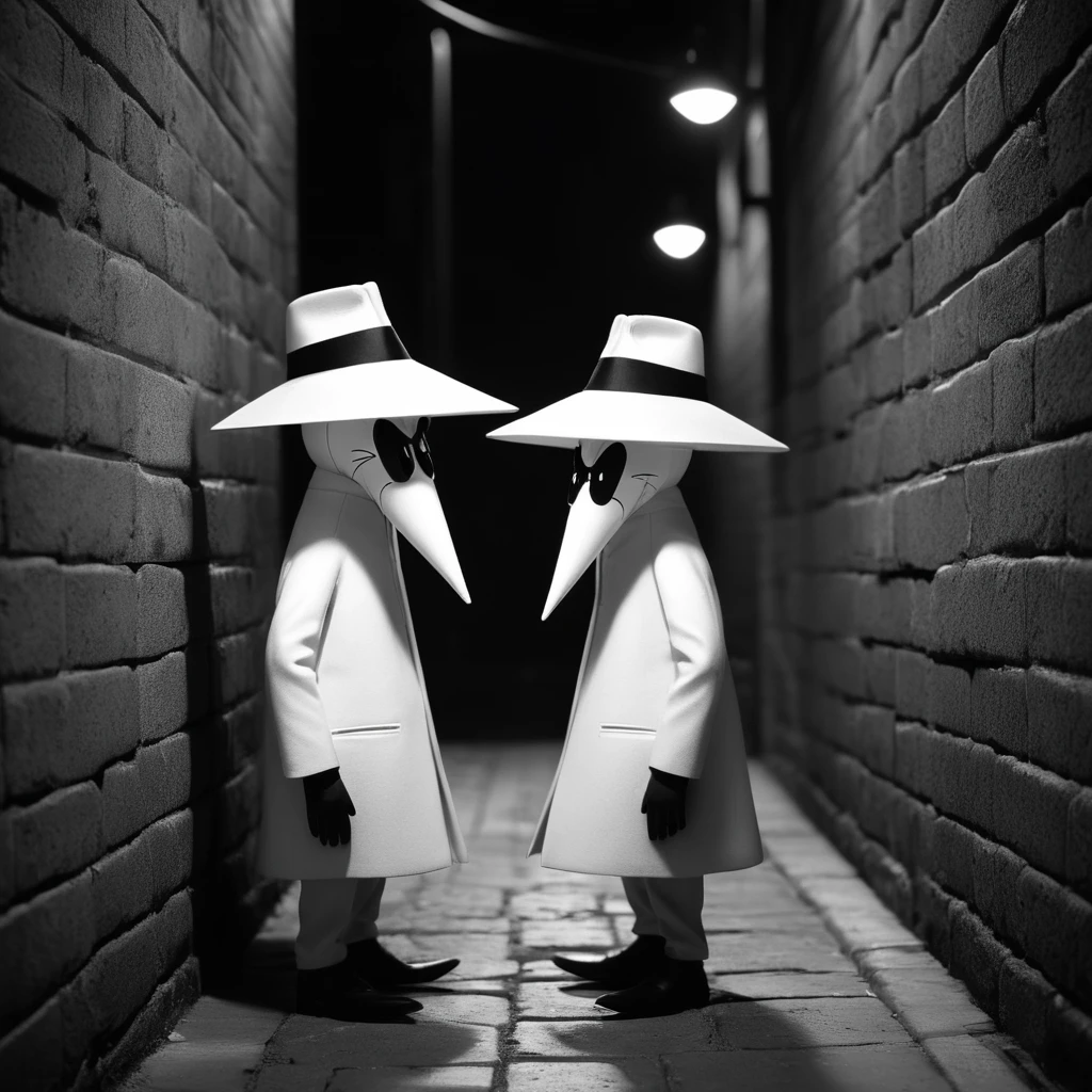 cinematic film still of <lora:spy vs spy style v2:1>
a cartoon spy agent man in a white hat and a white coat leaning on wall outdoors at night on city streets dark alley,solo,hat,monochrome,greyscale,male focus,parody , comic strip, two agents, agent, stereotypical, comical espionage activities, dressed in white, dressed in black, identical, beaklike heads, long beaklike heads, white pupils and black sclera, booby traps, parody, spy vs spy style, Mad magazine style, shallow depth of field, vignette, highly detailed, high budget, bokeh, cinemascope, moody, epic, gorgeous, film grain, grainy