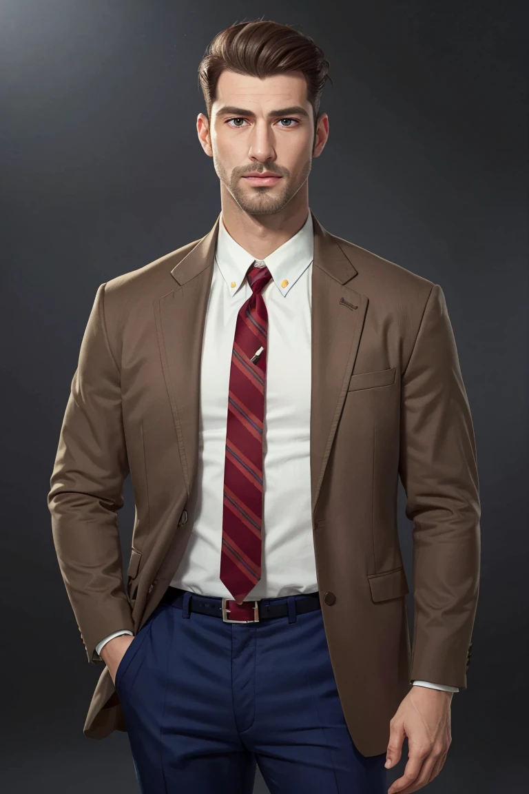 (1 image only),  solo male,  bara,  Chase Devineaux,  French,  detective,  brown hair,  short hair,  hair slicked back,  brown eyes,  sideburns,  facial hair,  broad stubble,  white collared shirt,  striped brown/red necktie,  pure brown suit jacket,  pants,  mature,  handsome,  charming,  alluring,  standing,  upper body,  perfect anatomy,  perfect proportions,  (best quality,  masterpiece),  high_resolution,  photorealistic,  hyperrealistic,  madly detailed photo,  hyper-realistic lifelike texture,  picture-perfect face,  (realistic eyes,  perfect eyes,  perfect eye pupil),  perfect hands,  dutch angle,<lora:EMS-294140-EMS:0.600000>