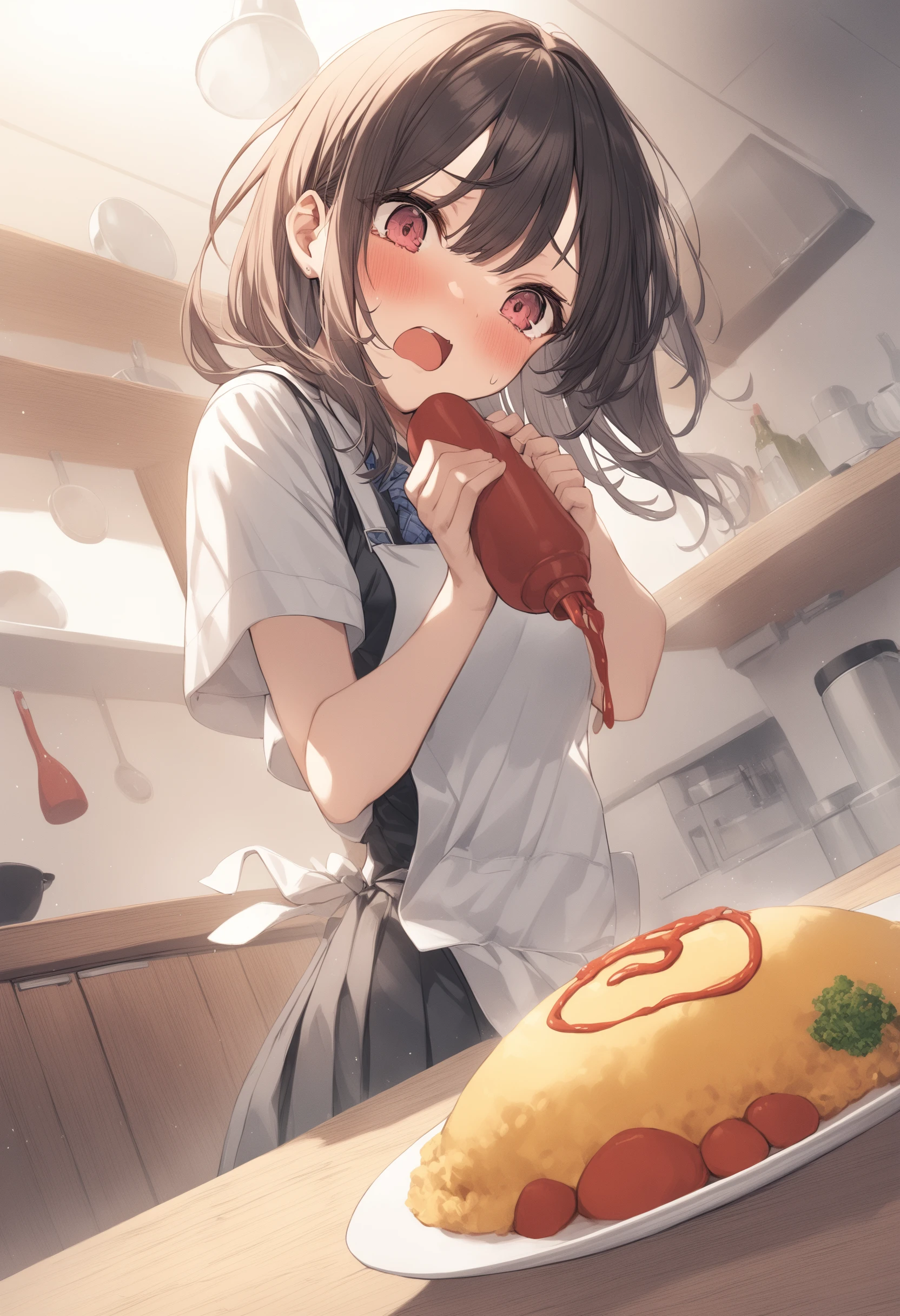 1girl, <lora:sdxl2-flat2-512b:-1>,medium breasts,
<lora:omumojiXLv1:0.8>,omumoji,
food, omurice, ketchup bottle, solo,school uniform, apron, kitchen,
from below, cinematic angle, looking back, scared, open mouth,
best quality,medium quality,