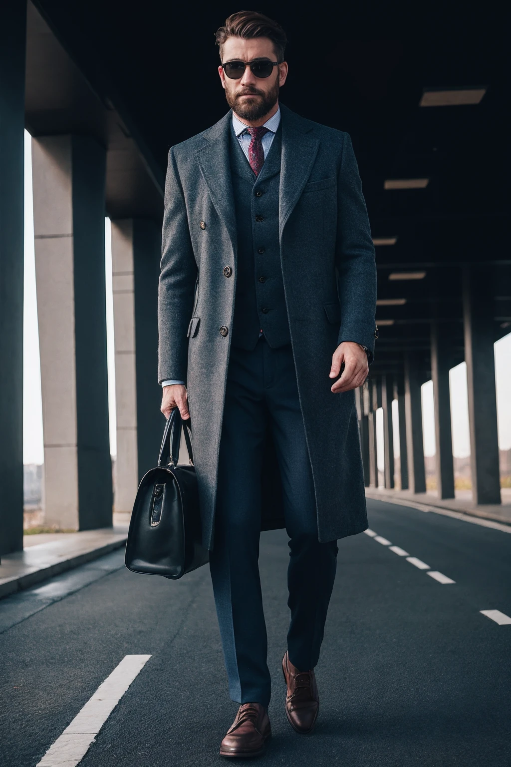 a man wearing Overcoat and herringbone trousers, highway <lora:fic-edgar:1>
