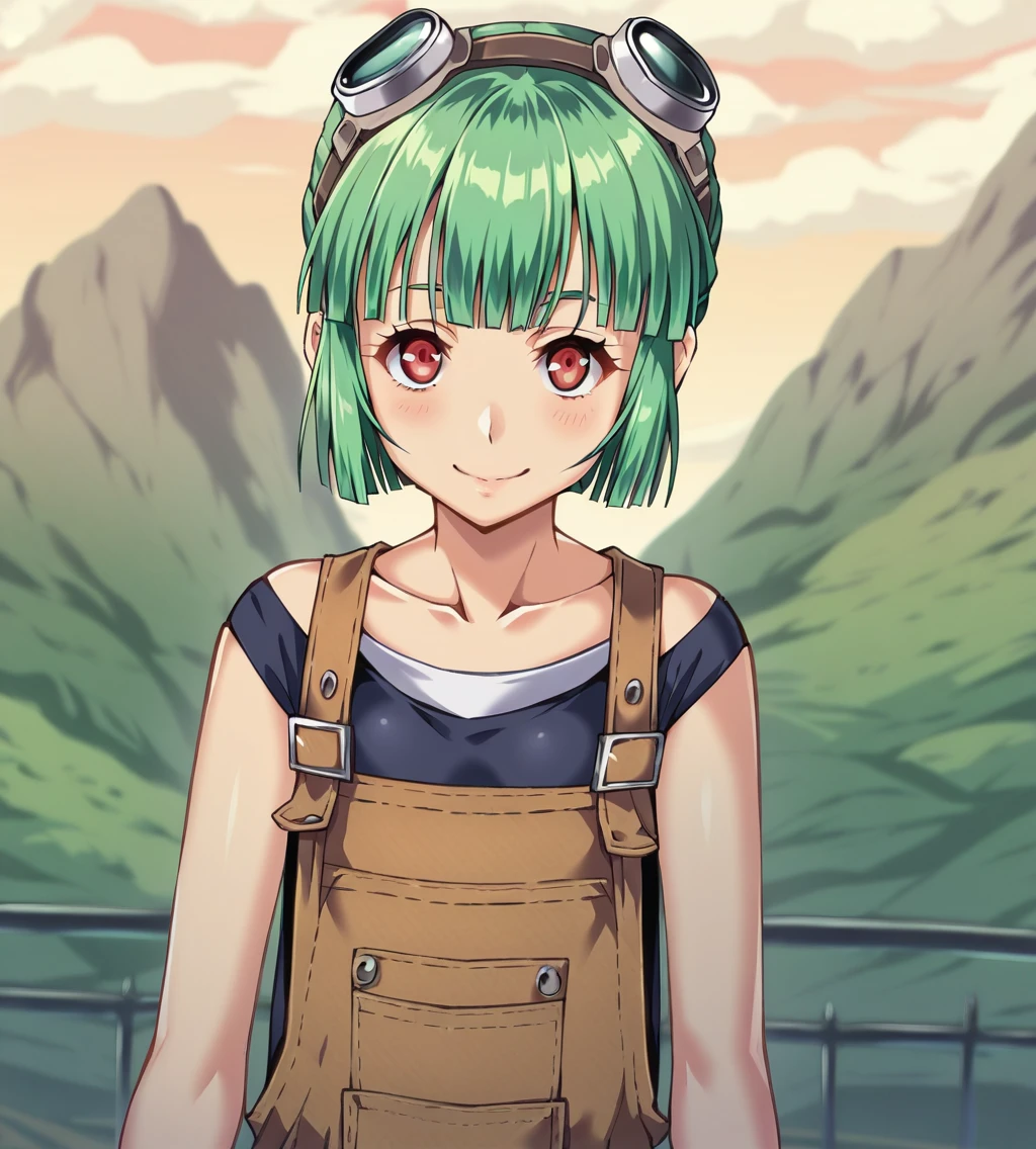 score_9, score_8_up, score_7_up, score_6_up, score_5_up, score_4_up, source_anime, rating_safe
BREAK,
<lora:TrailsOfColdSteel-ThorsNPCs-3-000015:0.8>, Mint, green hair, red eyes, small breasts, thin, petite, goggles on forehead, overalls, brown apron, blue sneakers, green pants,
BREAK,
looking at viewer, smile,
upper body, portrait, front view,
BREAK,
1girl, outdoors, sky, clouds, distant mountains,
BREAK,
<lora:Piromizu:1>,