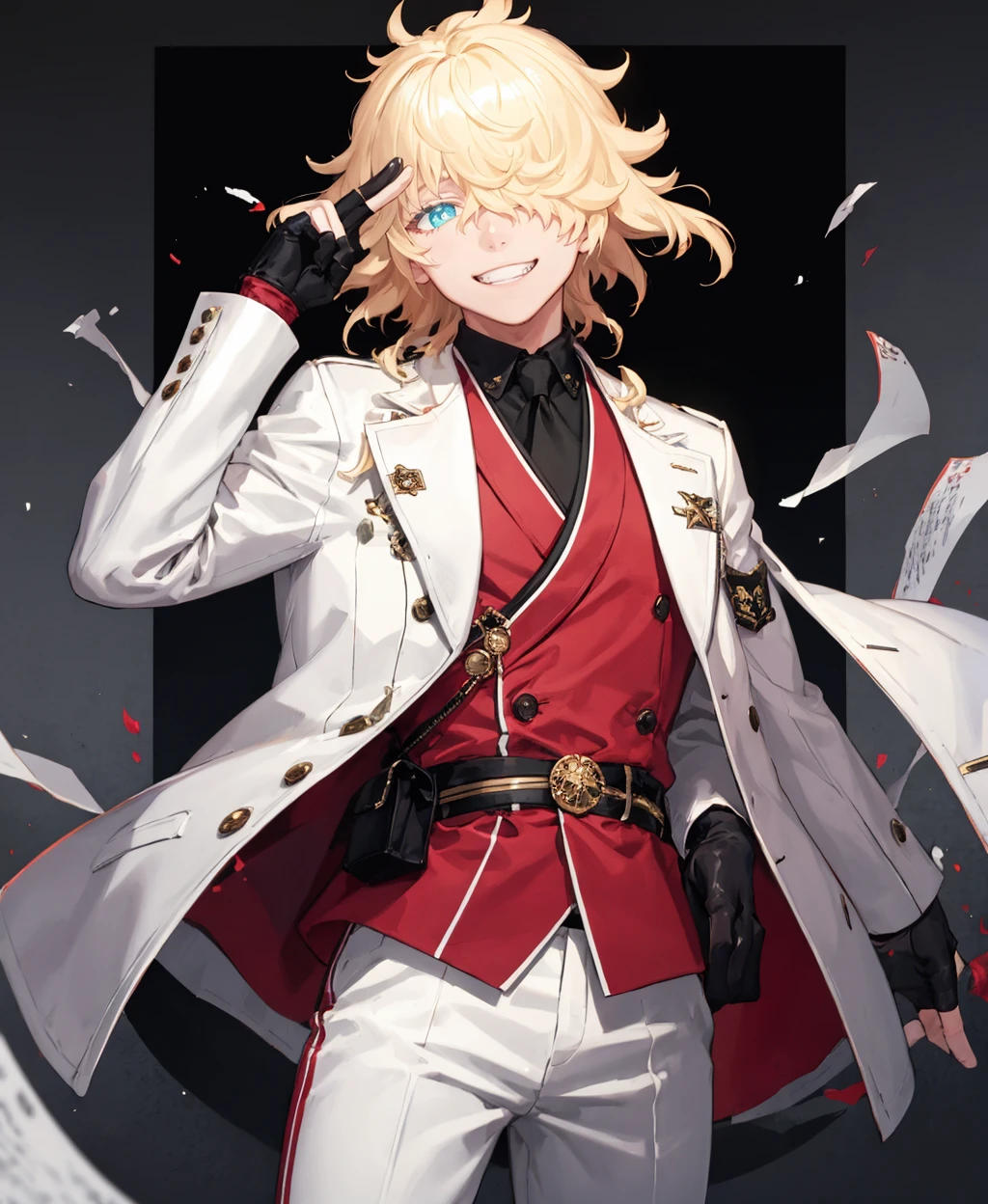 ichimonji,solo,looking at viewer,smile,shirt,gloves,long sleeves,1boy,jacket,male focus,teeth,black gloves,pants,fingerless gloves,hair over one eye,grin,sash,white jacket,one eye covered,white pants,<lora:ichimonji_norimune:0.8>,