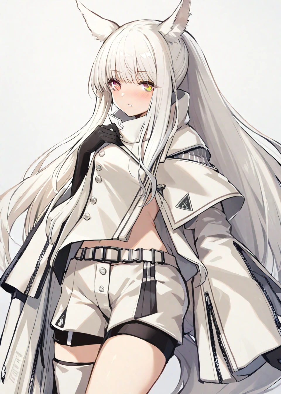 The image depicts a female character with long,silver-white hair and horse-like ears. She wears a light-colored top with a high collar and has black gloves on both hands. Her eyes are brown,and she has a slight blush on her cheeks. She is also seen wearing a belt with a distinctive emblem and has a zipper running down the front of her outfit.,<lora:platinum:1>,, masterpiece, best quality,