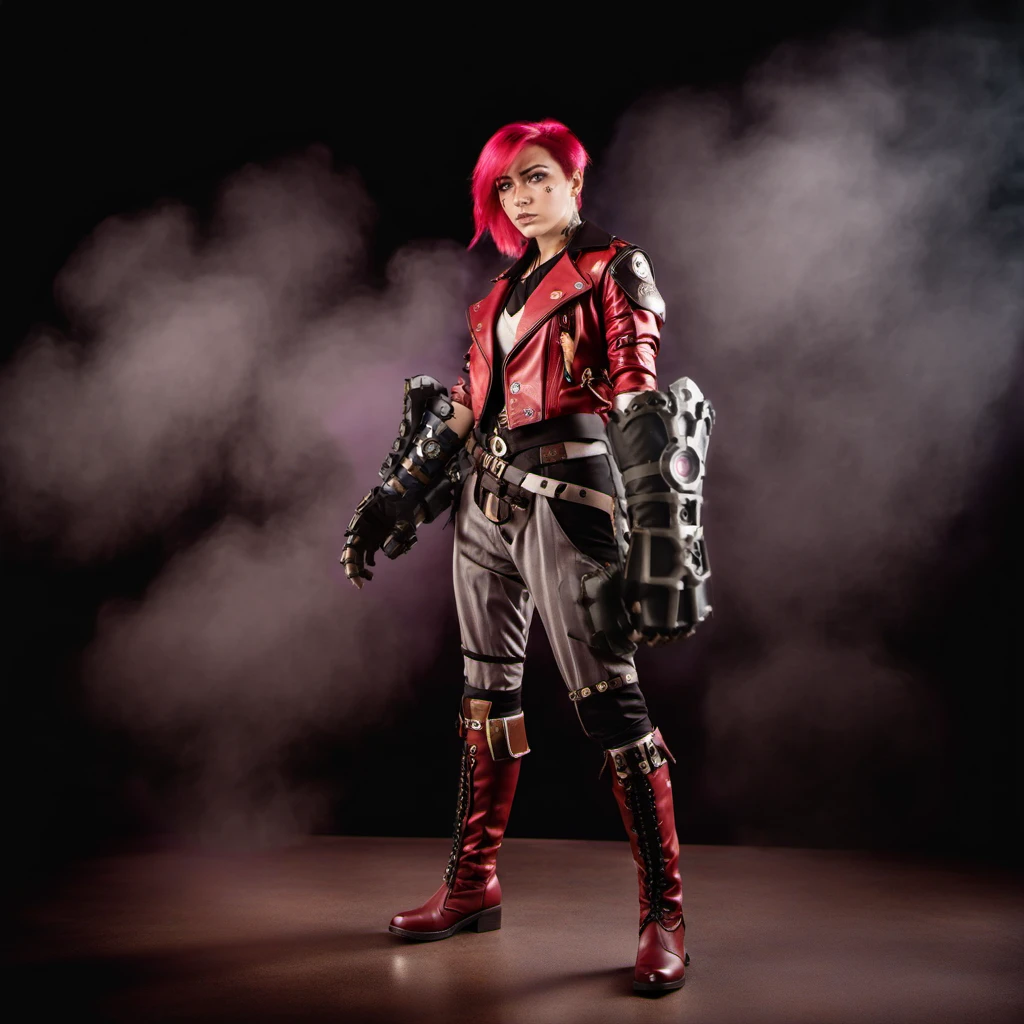 a woman with pink hair, full body  gauntlets, red leather jacket, steampunk background<lora:Vi1024:0.8>