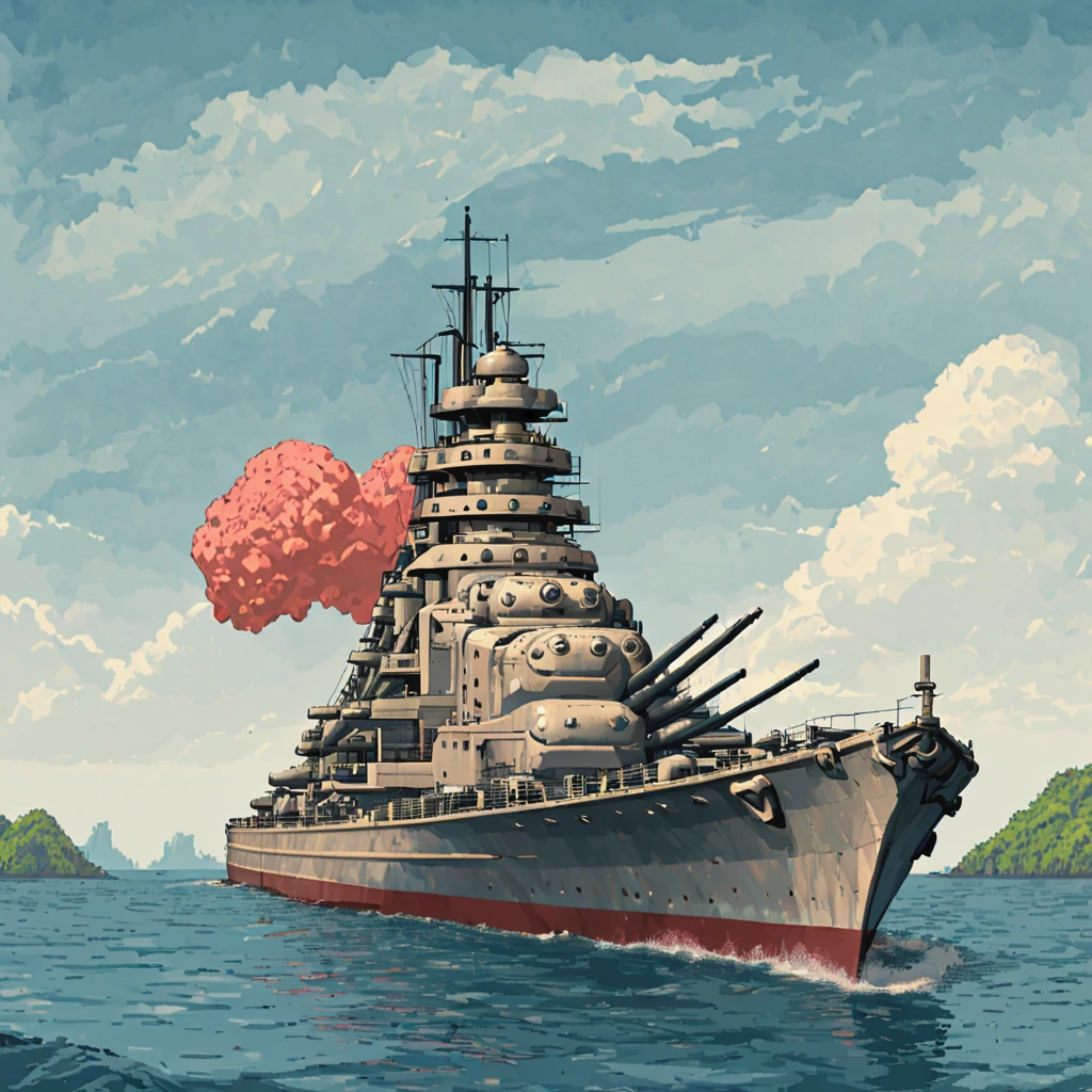 bsmrck battleship is sailing past tropical islands and coral reefs, ((pulp_comic, heavy_lines, hand_drawn, hand_inked, hand_colored, apxlz))