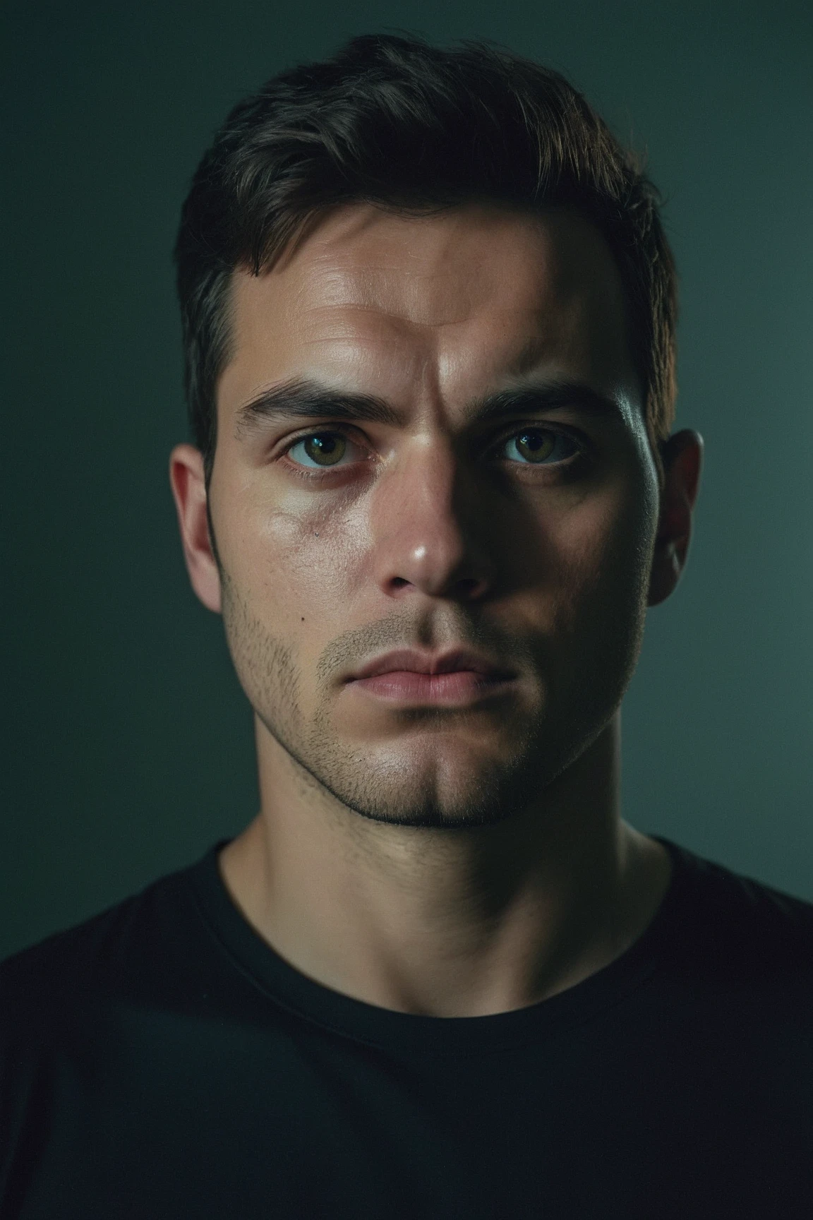 high quality, portrait photo of 30 y.o european man, wearing black shirt, serious face, detailed face, skin pores, cinematic shot, dramatic lighting, Fujifilm XT3, Canon R5, Fujicolor Fujichrome Velvia 100