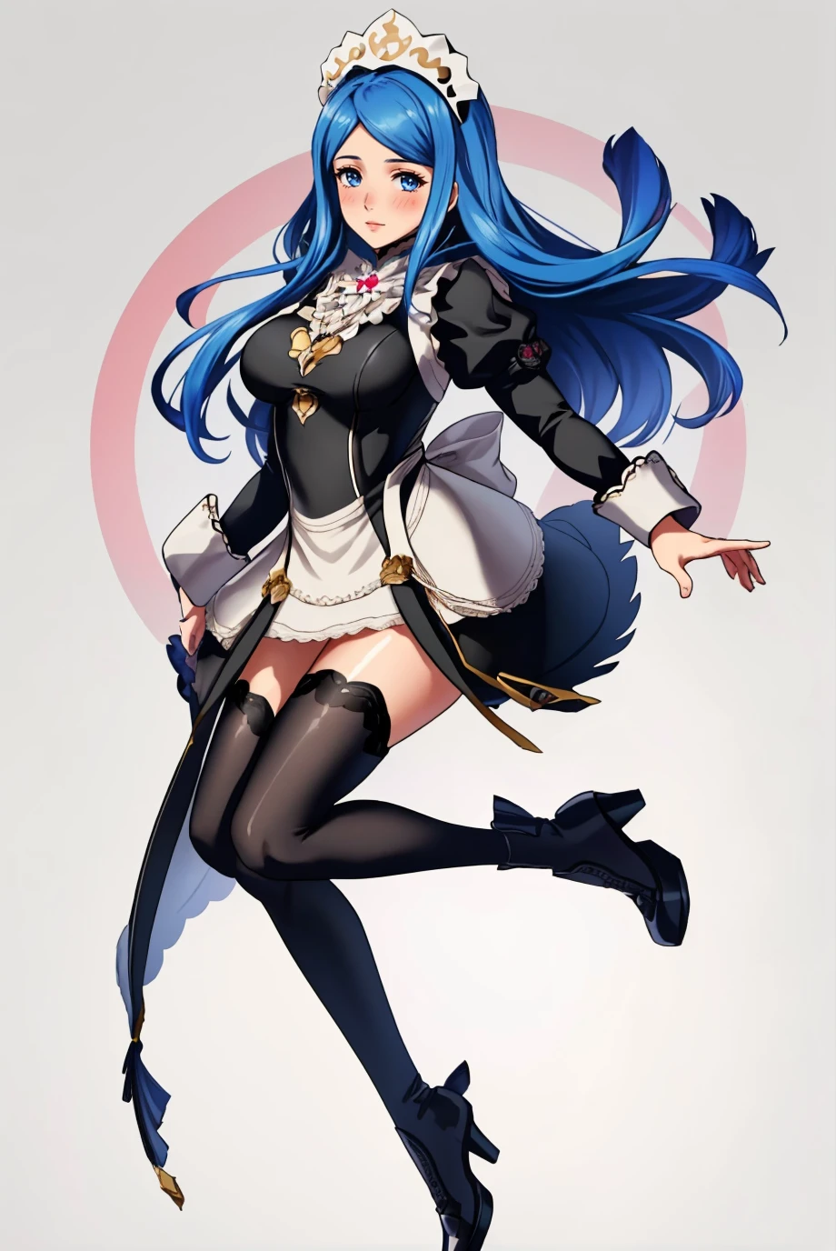 highest quality, 1girl, solo, looking at viewer, blush, <lora:FEFatesMaid_v1:1> fates maid, (black thighhighs:1.2), black boots, high heels, long sleeves, maid headdress, <lora:LumeraFE-bsinky-v2:0.6> lumeraFE, long hair, large breasts, white background