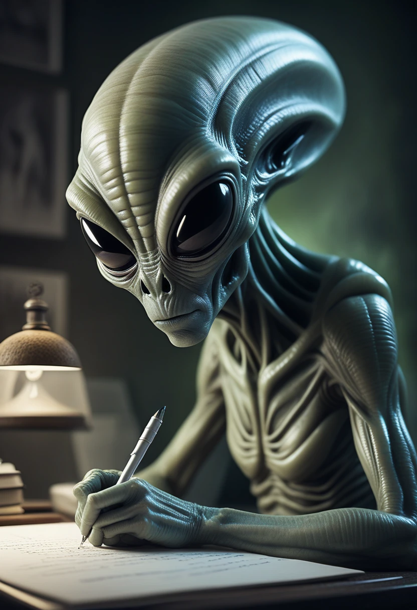 award winning photo of an alien writing poetry