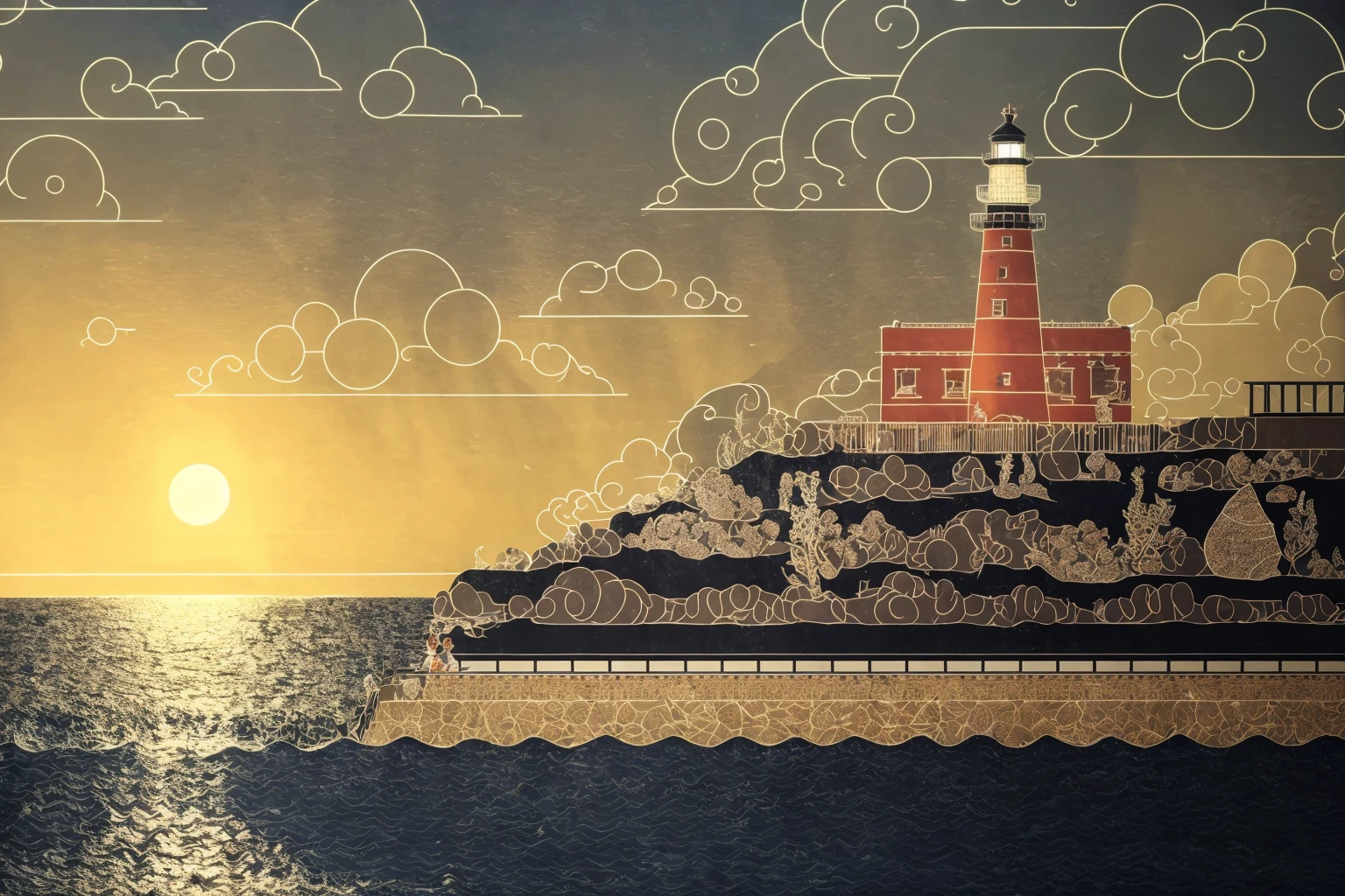 masterpiece, ultra-detailed, best quality, illustration, 8k cg wallpaper, an extremely delicate and beautiful, stunning landscape, beach, lighthouse, moon, stars, clouds, intricately detailed items in background, <lora:Apotheon:1>