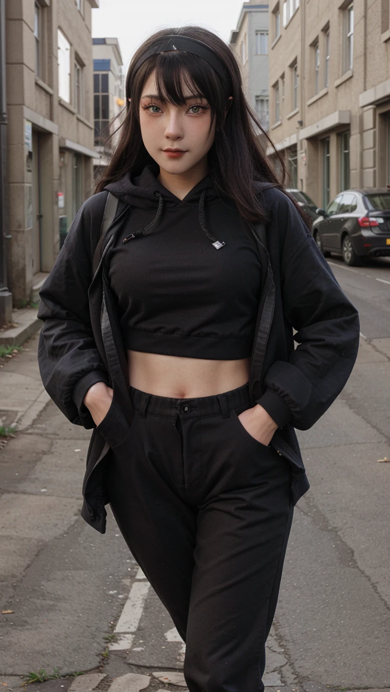yujikoi, a woman, outdoors, city, road, street, modern clothes, hood sweater, black pants, ((extremely detailed face)), headband,