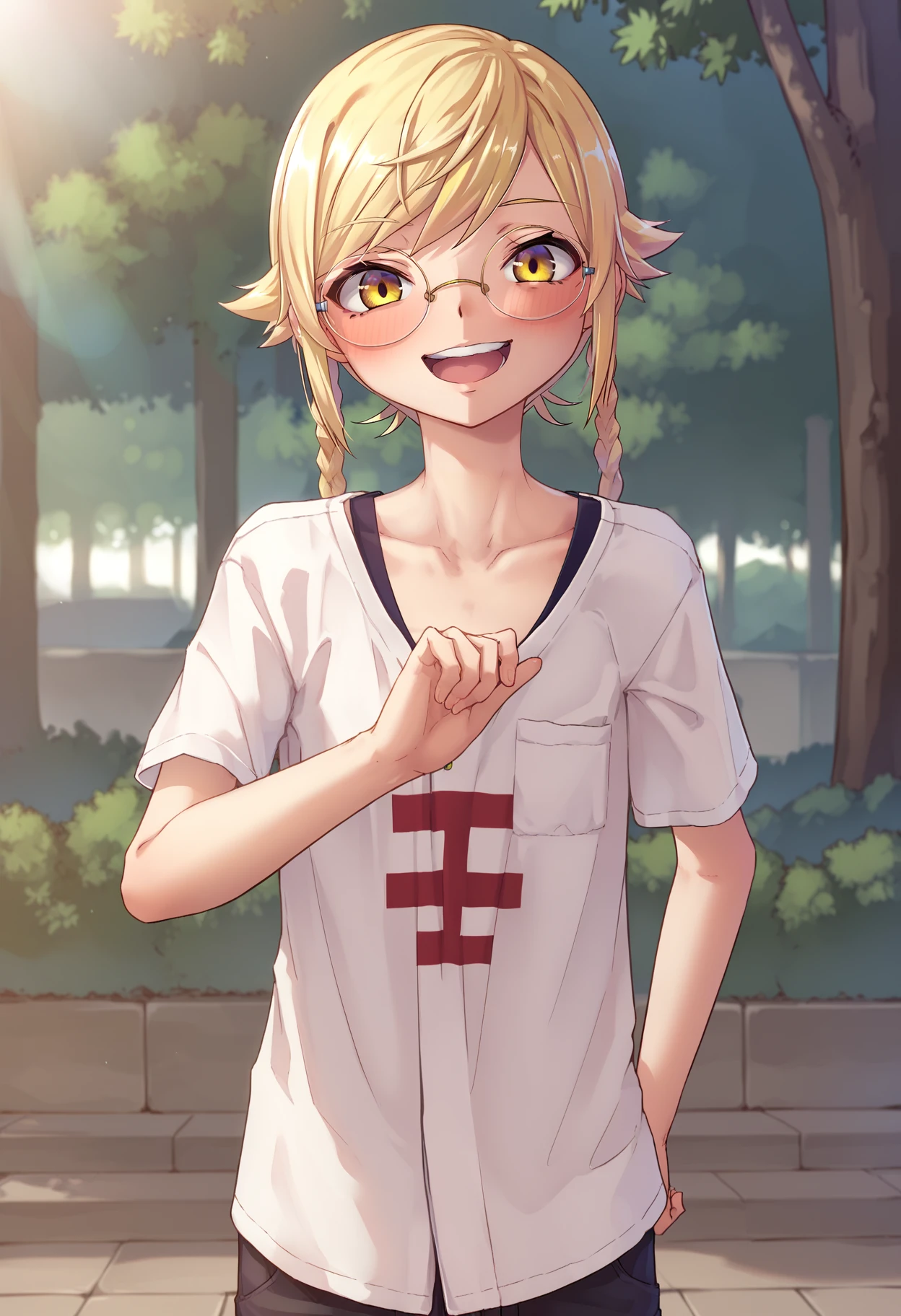 score_9, score_8_up, score_7_up, best quality, masterpiece, uncensored, source_anime
BREAK
1girl, :d, oshino shinobu, blonde hair, twin braids, yellow eyes, round glasses, blush, bush, collarbone, day, looking at viewer, open mouth, outdoors, round teeth, short sleeves, smile, solo, standing, cowboy shot, teeth, tree, yellow eyes
<lora:yamada_pony_v5-000015:1>
