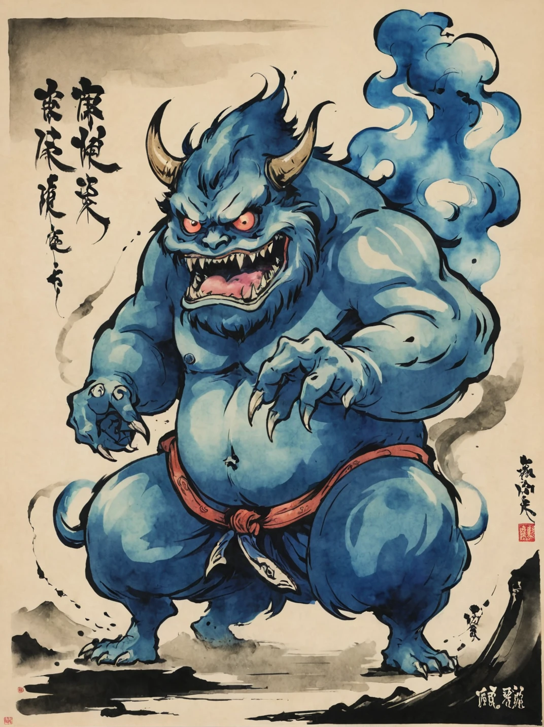 artwork by tokiame, monster made of blue smoke, traditional japanese art, yokai <lora:tokiame_xl_v1:1>