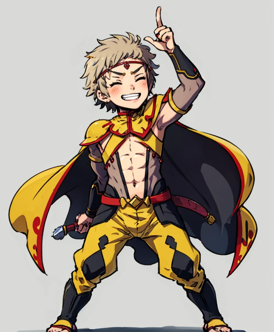 (masterpiece, best quality:1.2), chibi, 1boy, solo, full body, grin, <lora:OdinFE:0.7> odinFE, navel, cape, circlet, sandals, simple background <lora:cute_social_Comic:0.65> cute comic
