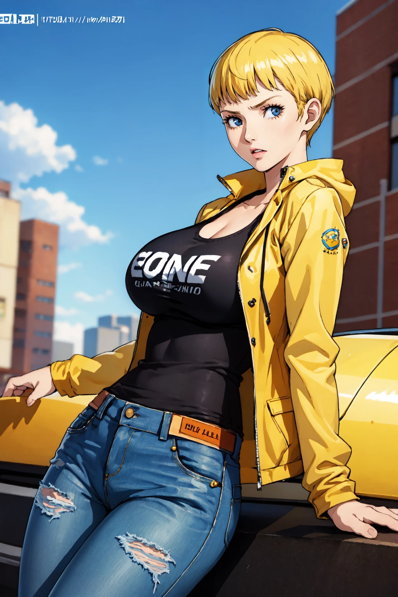 (best quality:1.2), (looking at viewer:1.5), buzz cut, blonde hair, huge breasts, 20 years old girl, tank top, jacket,  jeans, angry,
