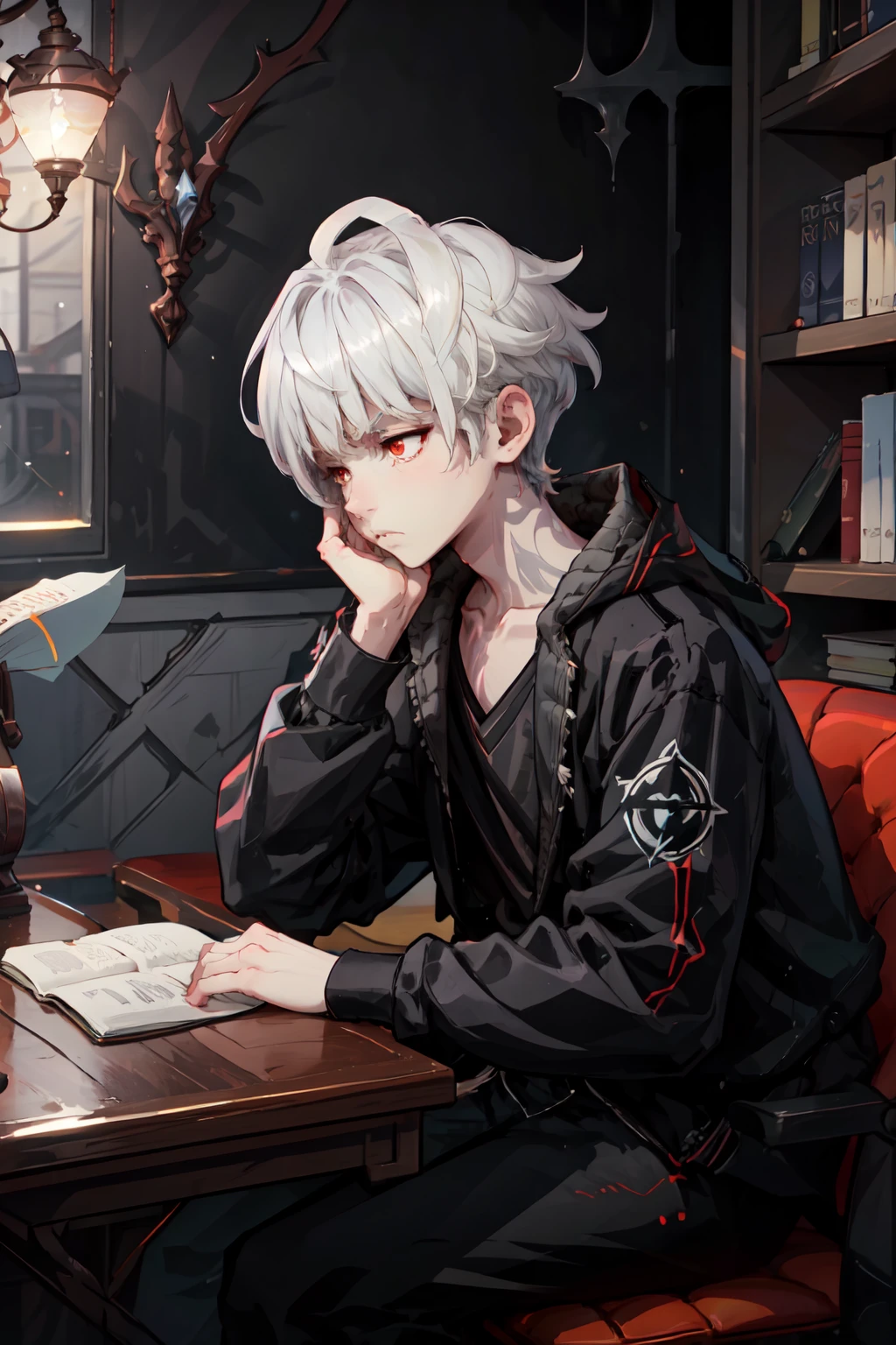 <lora:e7hastev2-2-09:.80> e7haste, 1boy, male focus, red eyes, white hair, indoors, library, books, (bored:1.3), sitting at desk, reading, looking away, head on hands, AS-YoungV2