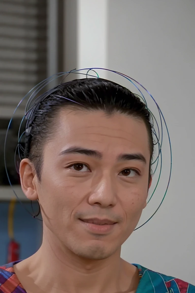 (young asian man), sikarian man, wire halo, <lora:race_st_sikarian:0.8>, looking at viewer, smile, scifi background