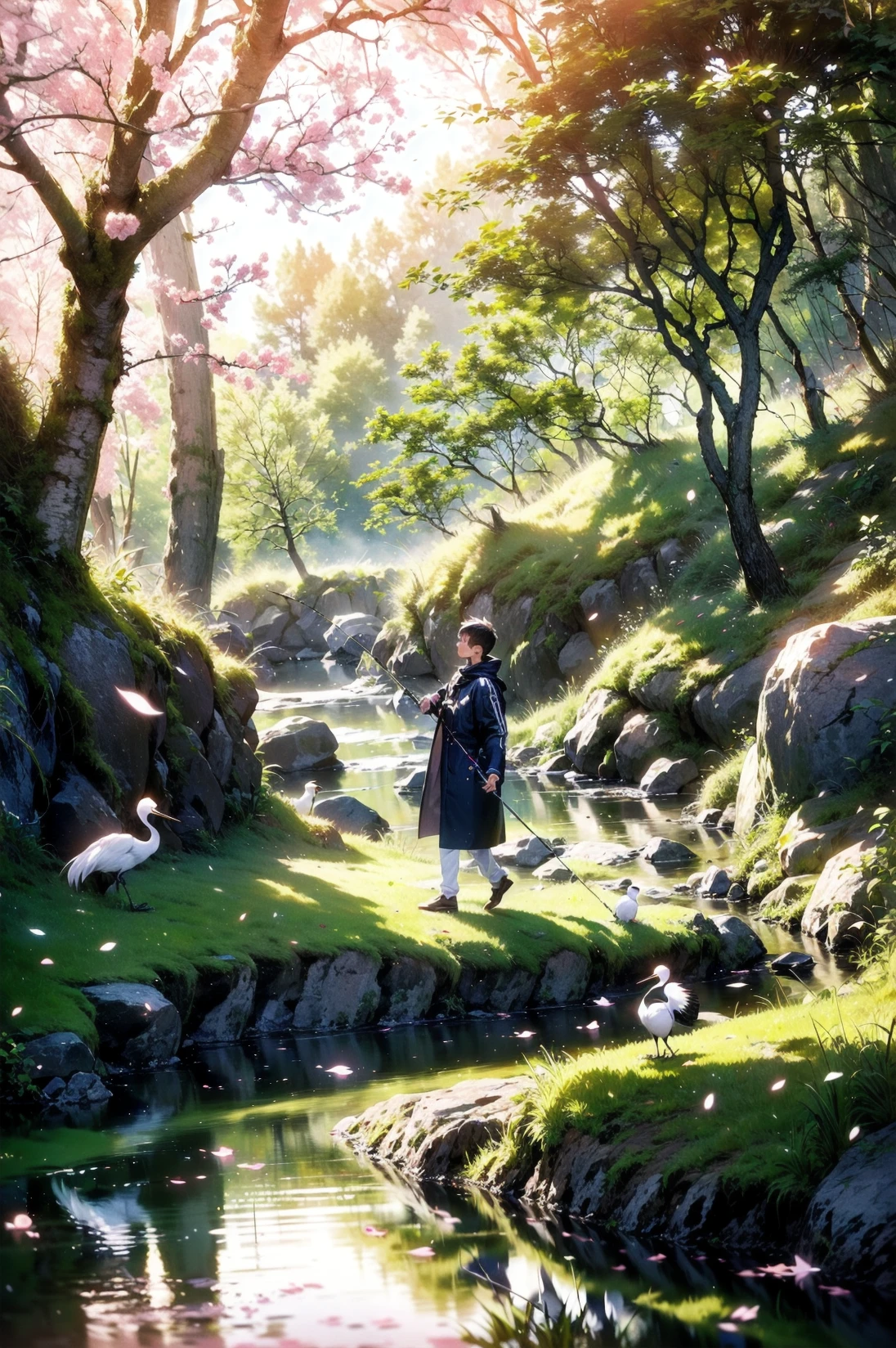 boy,short hair,ancient costume,(fishing:1.3),sitting cross-legged,forest,sparkling spring,Crane,(Red-crowned crane:1.2),dan ding he,red-crowned crane,A bird's beak,A pair of wings,A pair of bird legs,glowing,walking slowly,moon-shaped,colorful patterns,serene expression,focused,looking at fishing rod,ripples on the water,clear reflection,fish jumping,moss-covered rocks,lush greenery,tall trees,breezy atmosphere,sunlight filtering through the leaves,tranquility,peaceful ambiance,beauty,(Early morning:1.3),Fog,Tyndall light effect,
(A short-haired boy dressed in ancient costume is fishing by a spring in the forest.),, masterpiece,best quality,highly detailed,Amazing,finely detail,extremely detailed CG unity 8k wallpaper,score:>=60,, incredibly absurdres,wallpaper,realistic,real,photo,landscape,foreshortening,