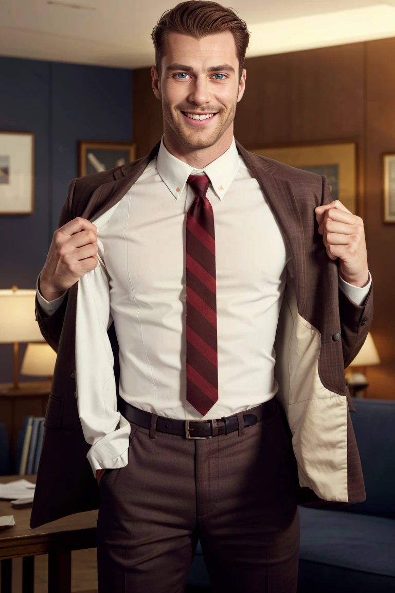 (1 image only),  solo male,  bara,  Chase Devineaux,  French,  detective,  brown hair,  short hair,  hair slicked back,  brown eyes,  sideburns,  facial hair,  broad stubble,  white collared shirt,  striped brown/red necktie,  pure brown suit jacket,  pants,  mature,  handsome,  charming,  alluring,  grin,  blush,  standing,  upper body,  perfect anatomy,  perfect proportions,  (best quality,  masterpiece),  high_resolution,  photorealistic,  hyperrealistic,  madly detailed photo,  hyper-realistic lifelike texture,  picture-perfect face,  (realistic eyes,  perfect eyes,  perfect eye pupil),  perfect hands,  dutch angle,<lora:EMS-294140-EMS:0.600000>