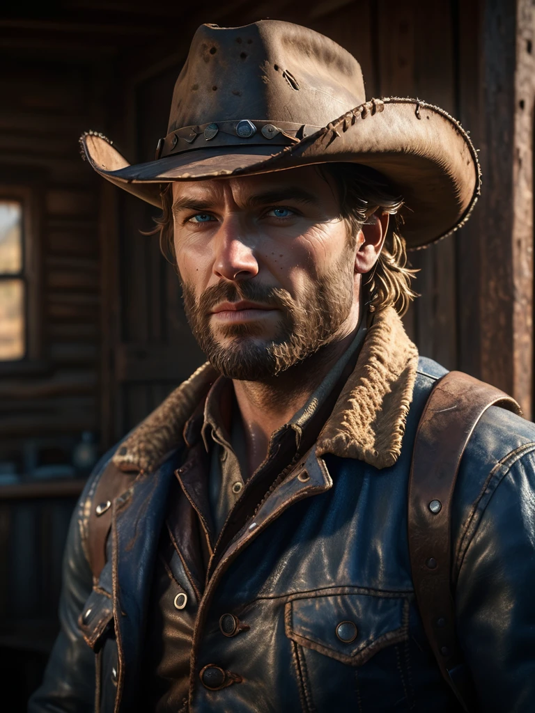 Hyper-realistic portrait of Arthur Morgan, weathered and rugged face, intense gaze, scruffy beard, furrowed brow, rugged cowboy hat casting dramatic shadows, worn leather jacket with intricate details, stubble, individual strands of hair, piercing blue eyes, high-quality textures, Leica 50mm lens, ISO 800, chiaroscuro lighting, golden hour ambiance