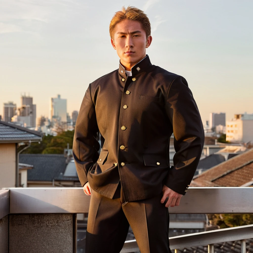 Generate a portrait in a realistic style, featuring a muscular male dressed in a traditional Japanese  high school uniform, known for its Gakuran style: a stand-up collar jacket with five metal buttons and jet-black color, paired with straight-legged trousers. He stands confidently on a rooftop, overlooking the cityscape at dusk. The setting sun casts a warm glow, highlighting his well-defined muscles and the unique contrast between his imposing physique and the classic, disciplined uniform,<lora:gakuran:0.8>  , <lora:kanzon2.0:0.8>