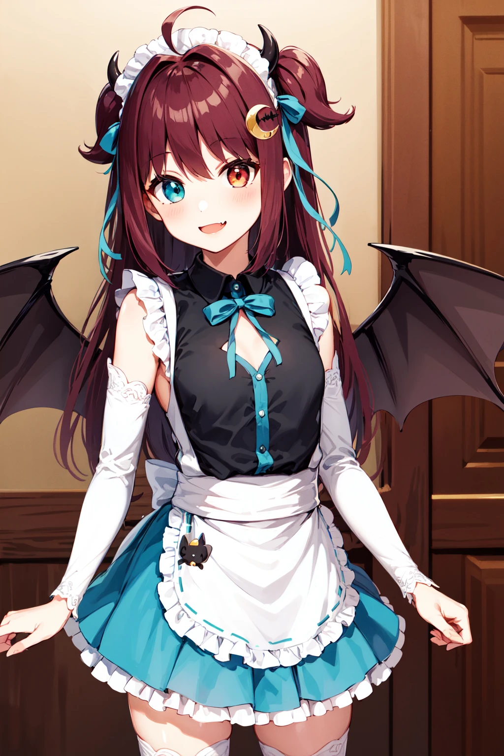 masterpiece, best quality, highres, aaroa, long hair, two side up, ahoge, maid headdress, hair ornament, horns, heterochromia, fang, wings, small breasts, maid, frills, black shirt, clothing cutout, sleeveless, detached sleeves, frilled skirt, blue skirt, apron, white thighhighs, <lora:yuzuki_roa_v1:0.7>, standing, cowboy shot, smile, indoors