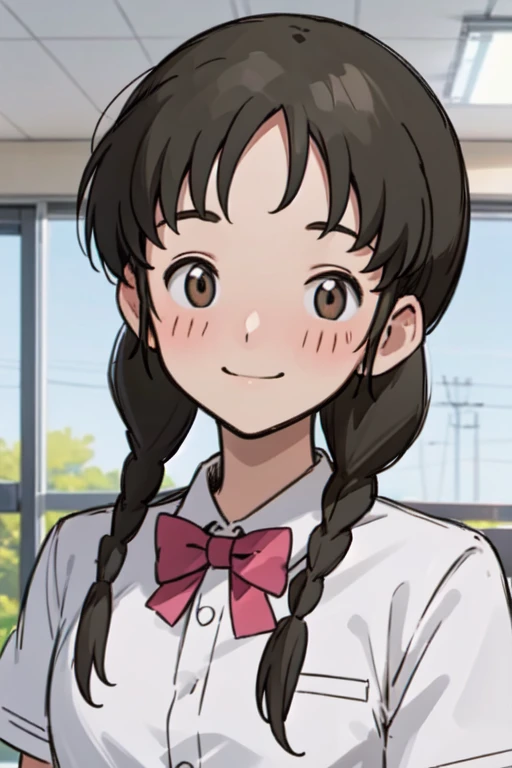 ykwatch-natsume-1, twin braids, school uniform, bowtie, 1girl, solo, smile, blush, smile