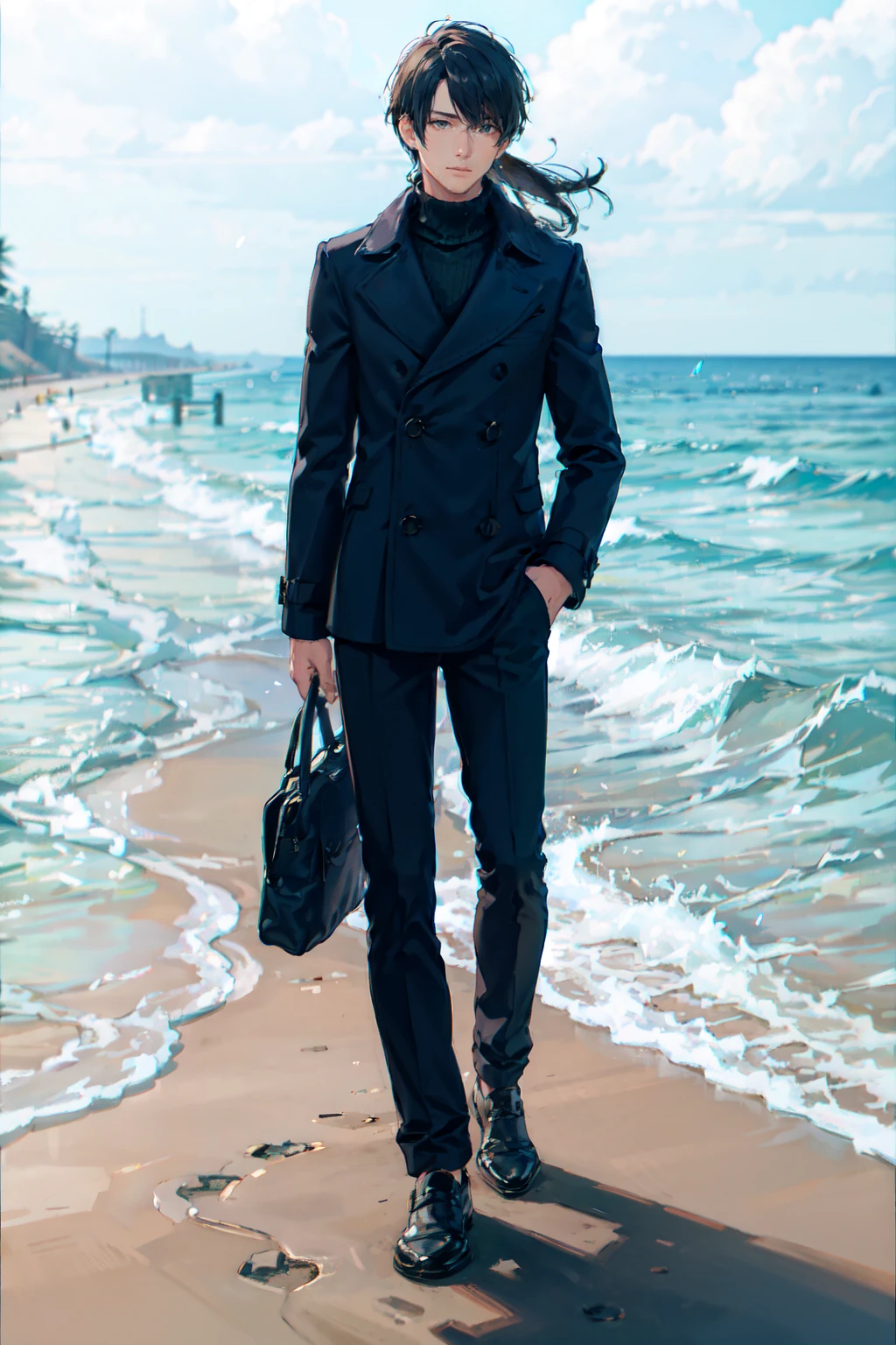 a man wearing Peacoat and straight-leg pants , at the beach <lora:fic-Henry5:1>