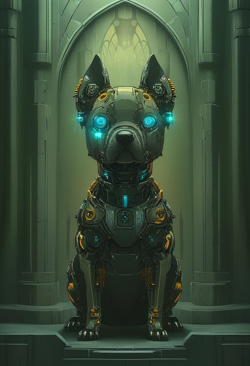 anime artwork (Masterpiece Drawing:1.3) of (Ultra detailed:1.3) Cyborg dog,Symmetric,Inside Castle,,(Nu Goth Art:1.3) . anime style, key visual, vibrant, studio anime,  highly detailed