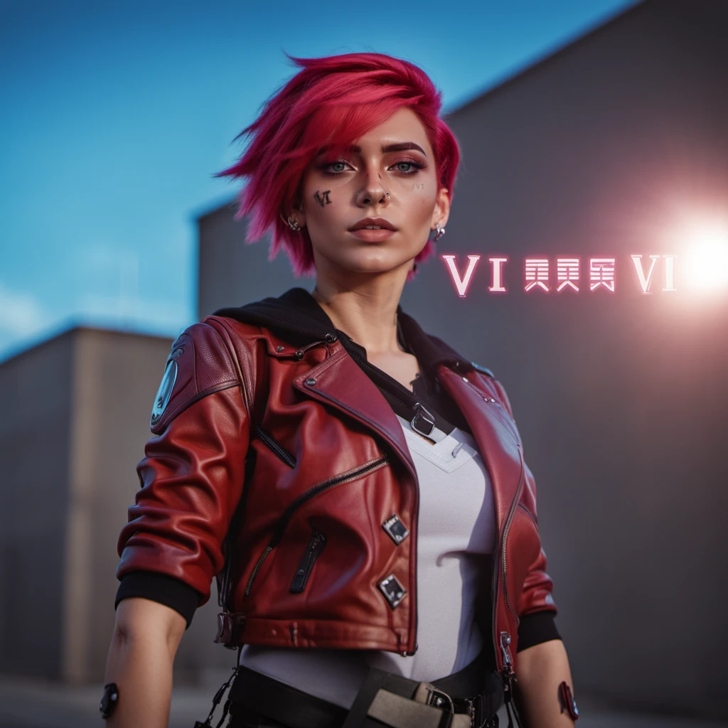 a woman with pink hair, ((((text ''VI''))), red leather jacket, view from under, cyberpunk background<lora:Vi1024:0.8>