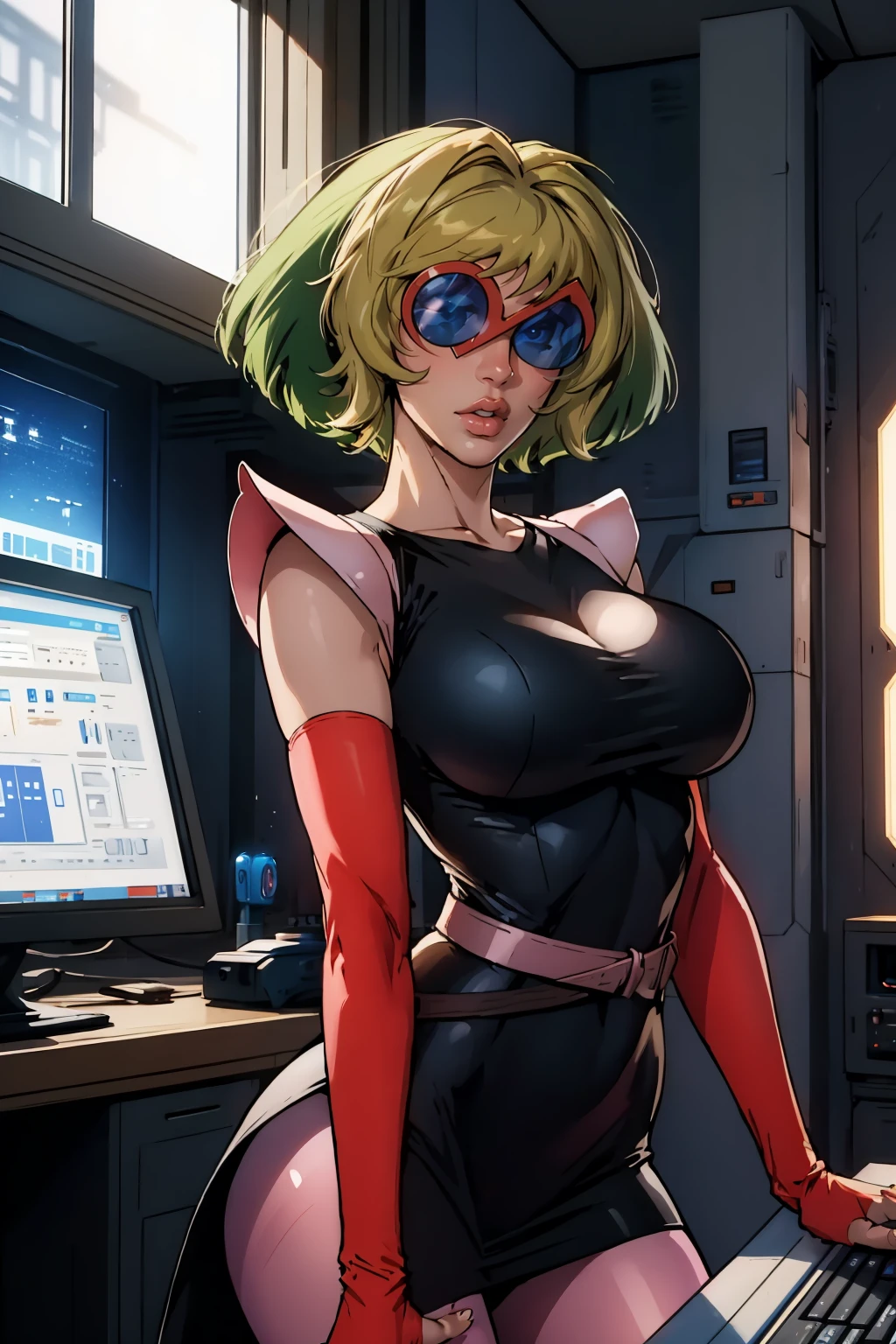 masterpiece, best quality, 1girl, solo, looking at viewer, breasts, <lora:melodiash-guy-v2:1>, melodiash, pauldrons, black dress, sunglasses, elbow gloves, fingerless gloves, pantyhose, belt, indoors, spacecraft, computer,