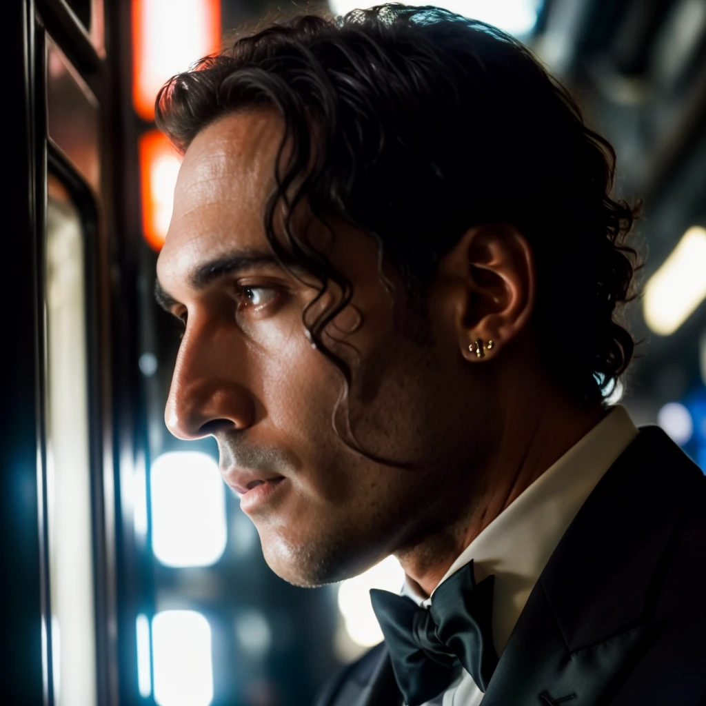 face portrait of markospissas person using a tuxedo, in blade runner, professional photography, high resolution, 4k, detailed photo, <lora:markospissas_27900:1>