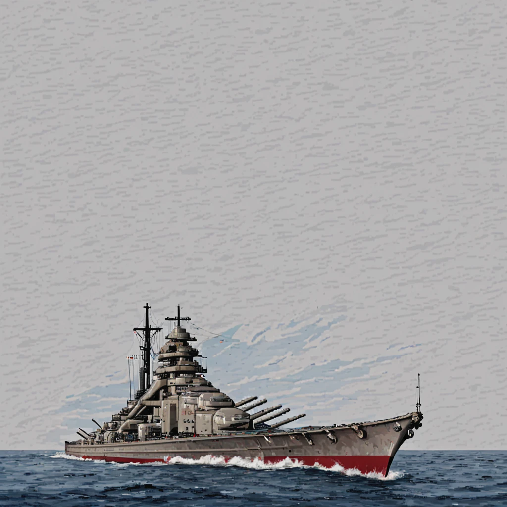 bsmrck battleship is cruising on the open ocean, ((pulp_comic, heavy_lines, hand_drawn, hand_inked, hand_colored, apxlz))