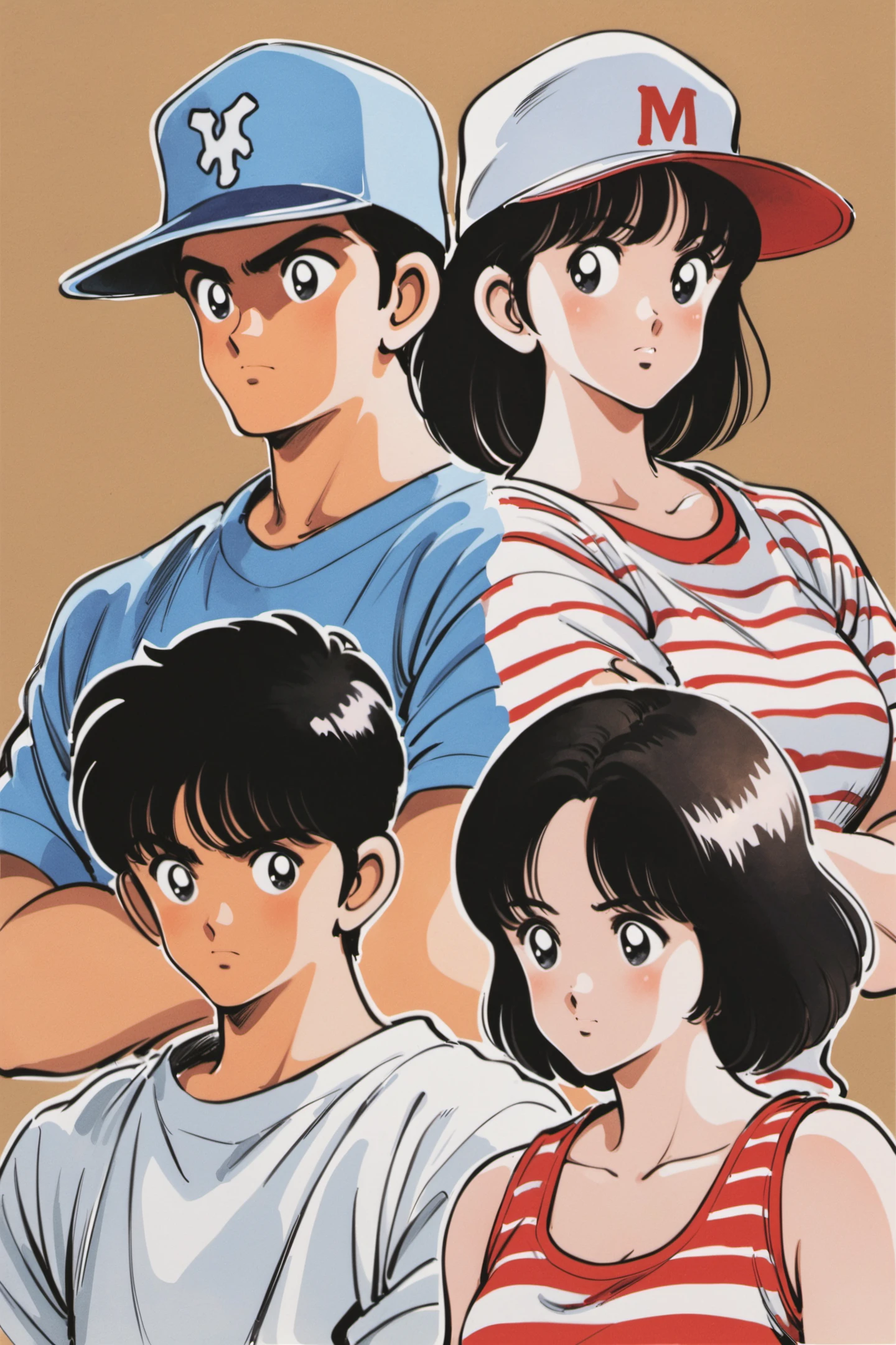 hat, 2girls, multiple girls, black hair, multiple boys, 2boys, baseball cap, short hair, shirt, tank top, upper body, striped, striped shirt, simple background, crossed arms, brown hair, traditional media, black eyes, white background, <lora:Adachi_XL:0.8>